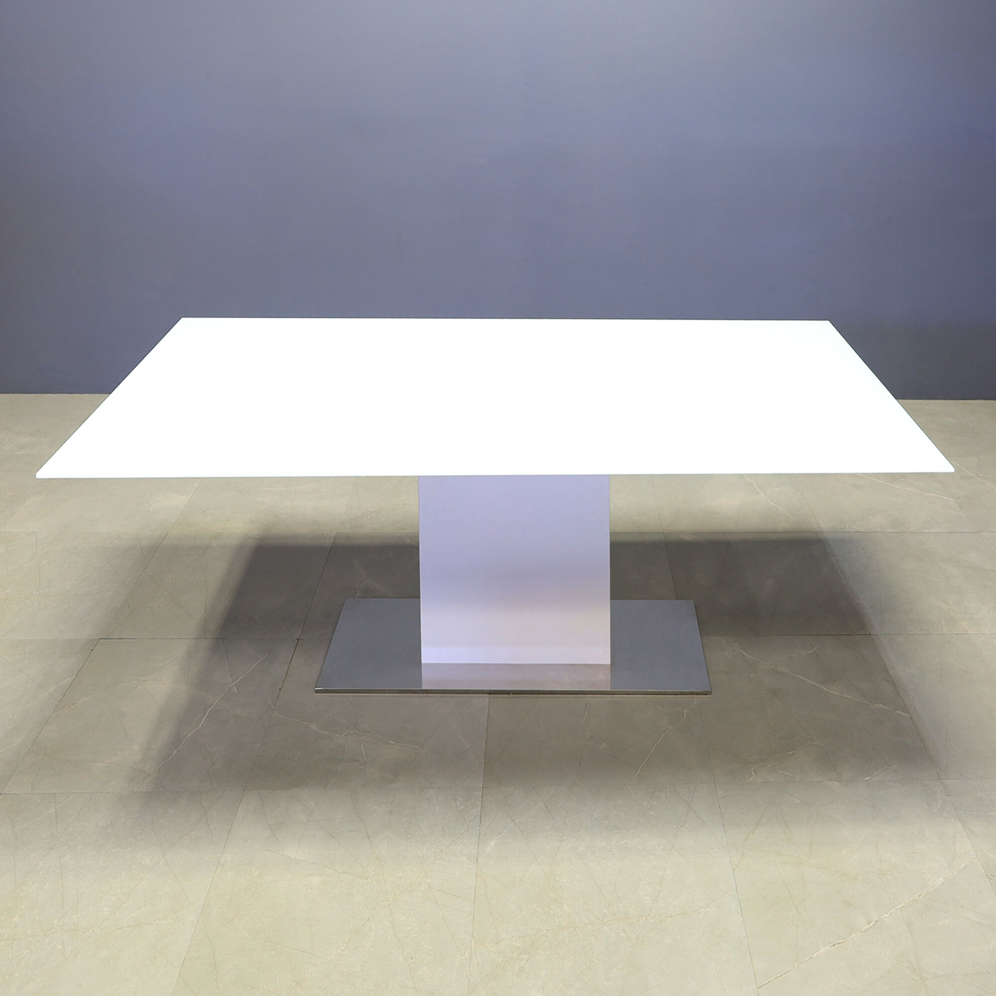 90-inch Omaha Rectangular Shape Conference Table, white gloss laminate pedestal with silver X3 base.