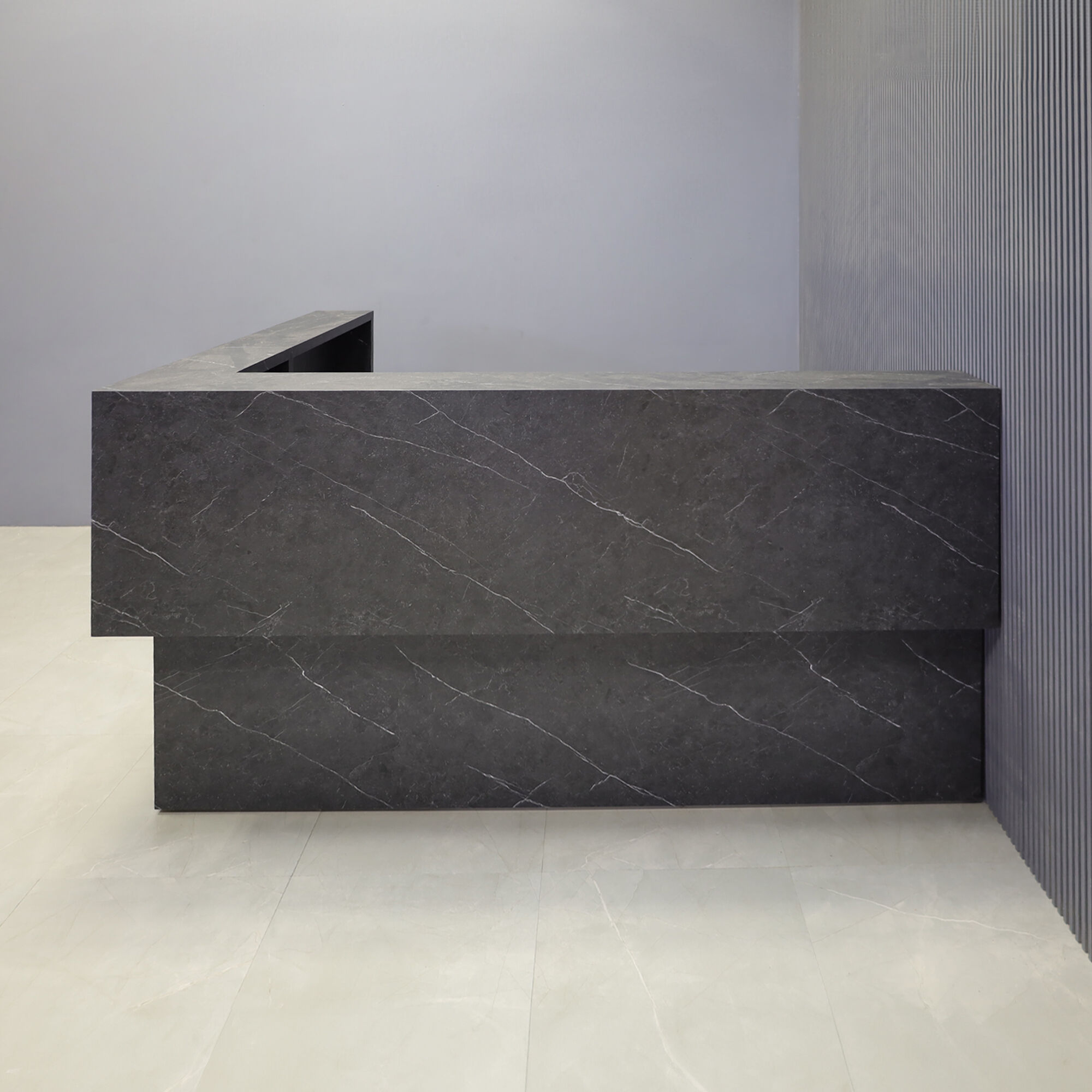 90X70-inch San Francisco Large L-Shape Custom Reception Desk, black stone PVC Desk, counter, and storage.