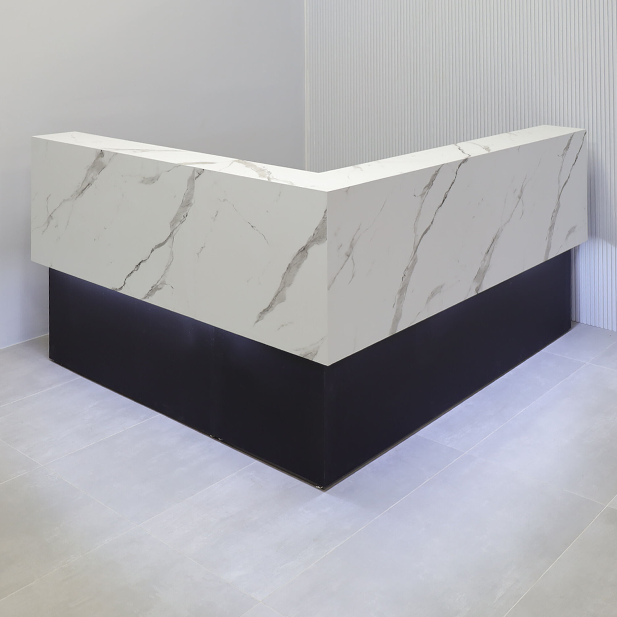 90-inch San Francisco L-Shape Reception Desk with black traceless laminate desk, calcutta stone PVC laminate counter, black traceless laminate workspace, white LED.