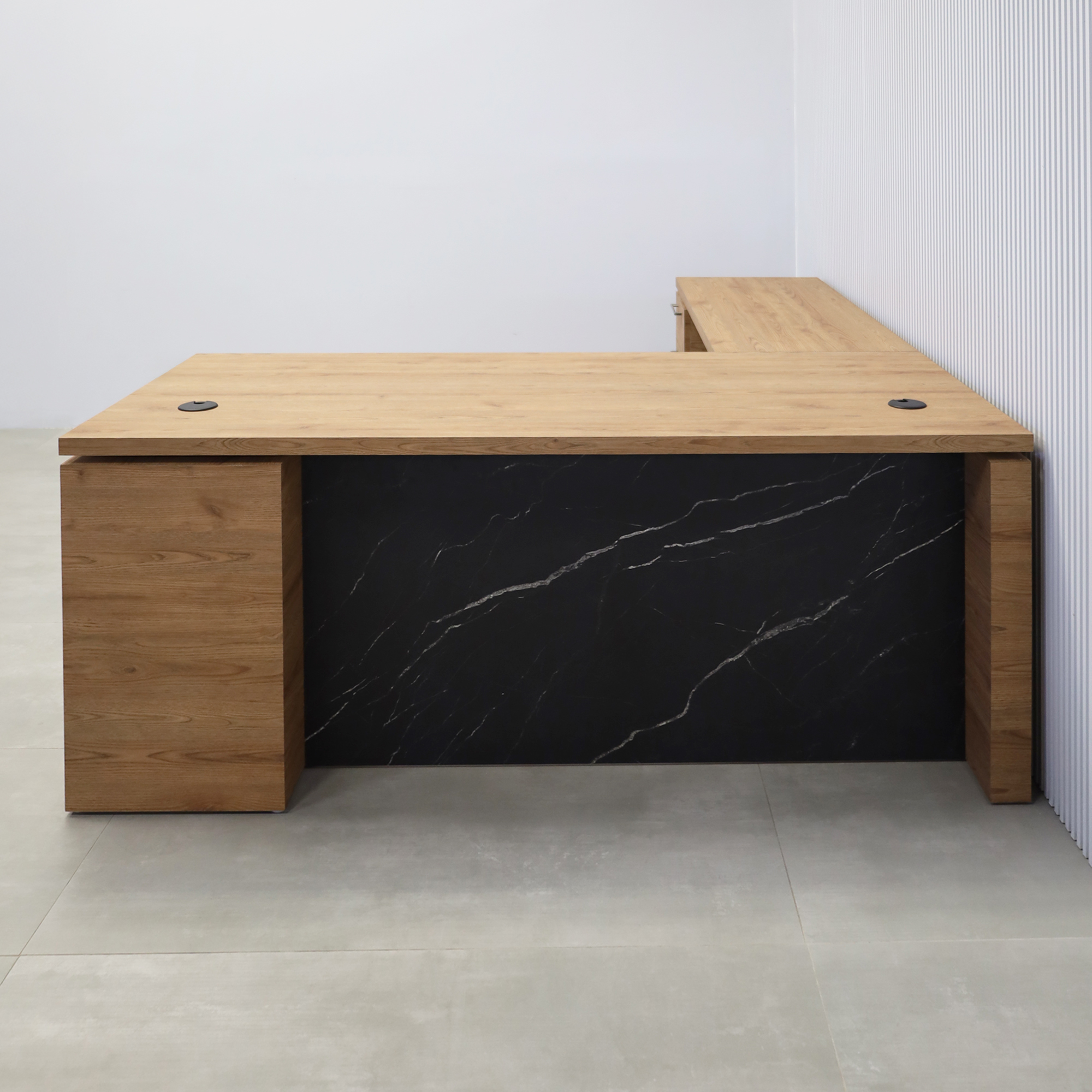 70X82-inch Denver L-Shape Executive Desk with Cabinet with Spiced Chestnut Matte laminate top, Spiced Chestnut Matte laminate base & storage, and Black Stone Palazzo laminate panel.