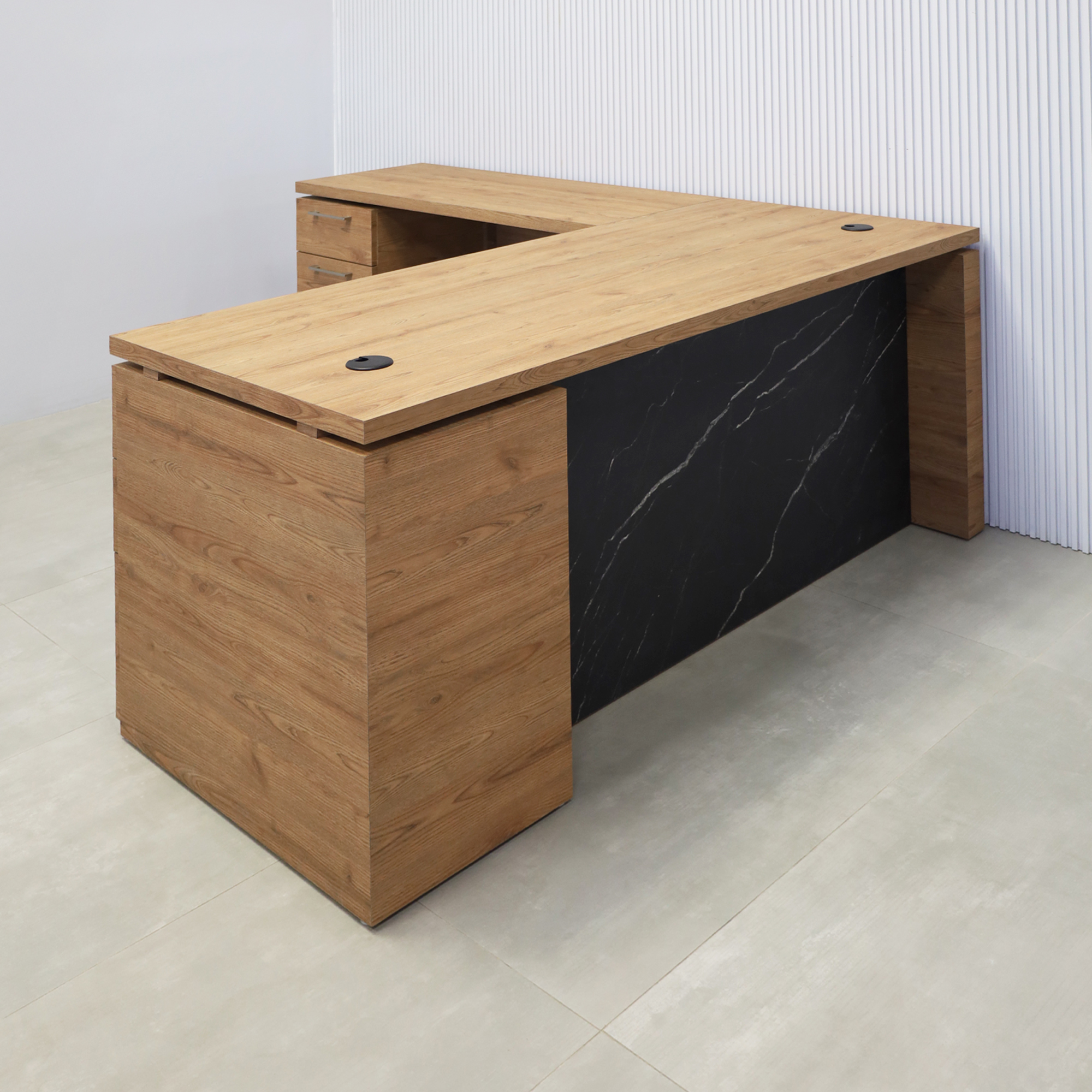 70X82-inch Denver L-Shape Executive Desk with Cabinet with Spiced Chestnut Matte laminate top, Spiced Chestnut Matte laminate base & storage, and Black Stone Palazzo laminate panel.