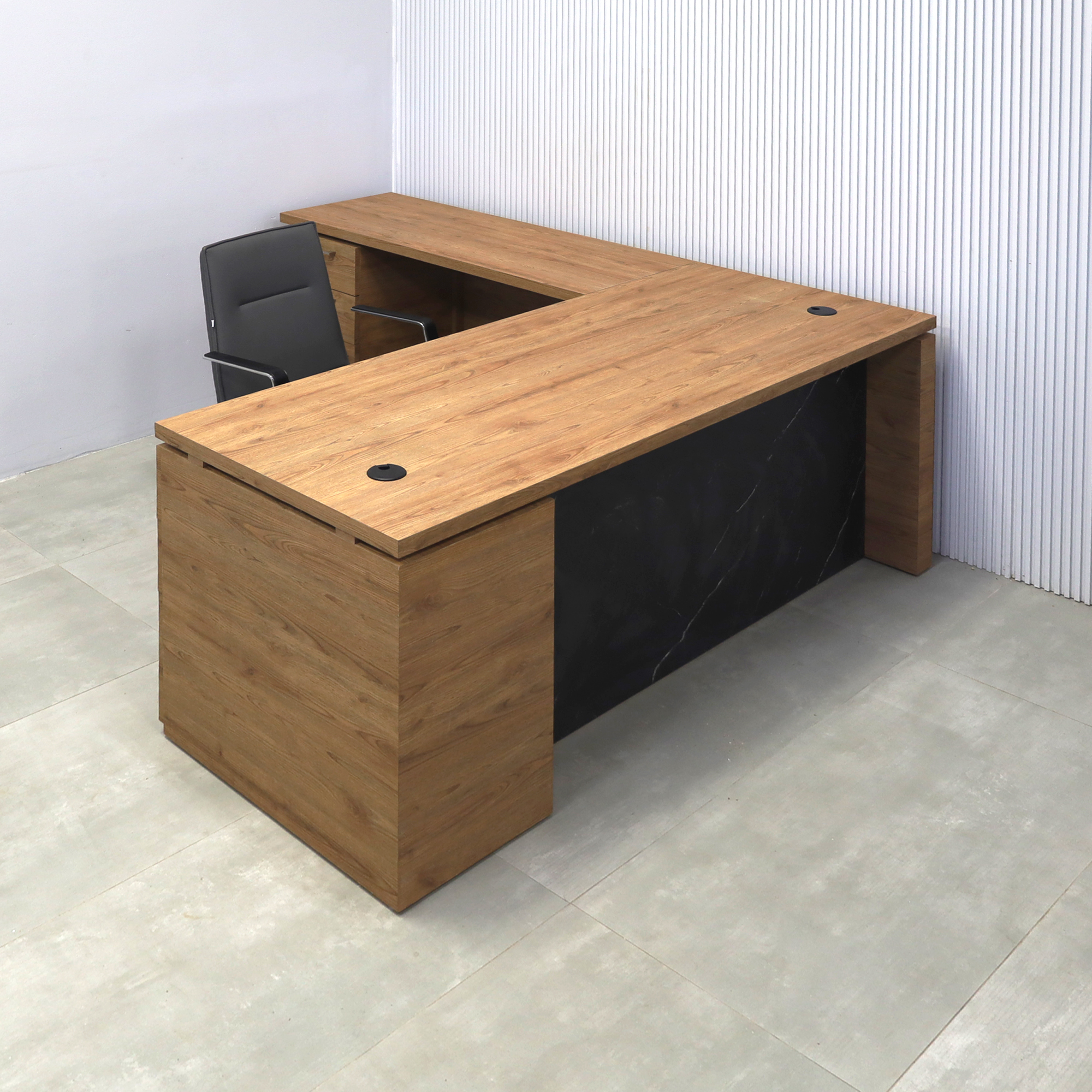 70X82-inch Denver L-Shape Executive Desk with Cabinet with Spiced Chestnut Matte laminate top, Spiced Chestnut Matte laminate base & storage, and Black Stone Palazzo laminate panel.