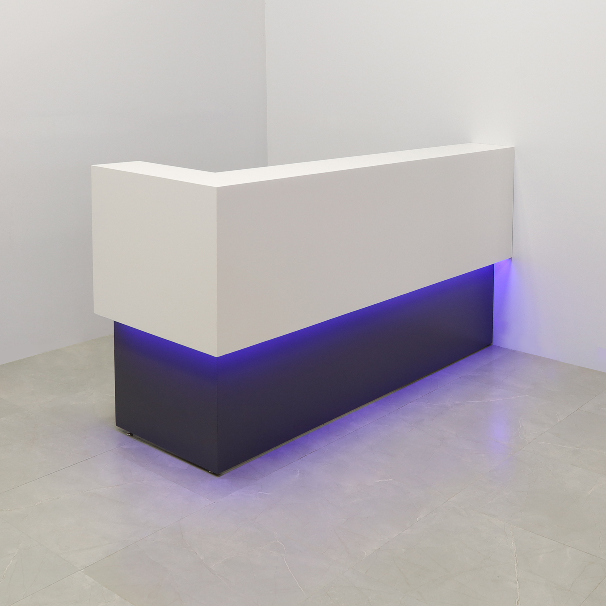 90-inch San Francisco L-Shape Reception Desk, left l-panel side when facing front in white matte laminate counter and storm gray matte laminate desk, with color LED, shown here.