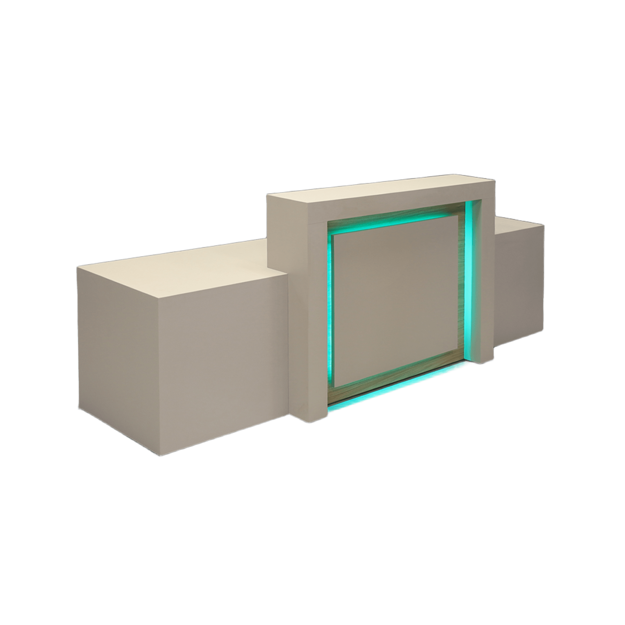 96-inch New York Extra Wide in taupe matte PVC main desk & front panel, walnut heights matte laminate accent recessed, and color changing LED.