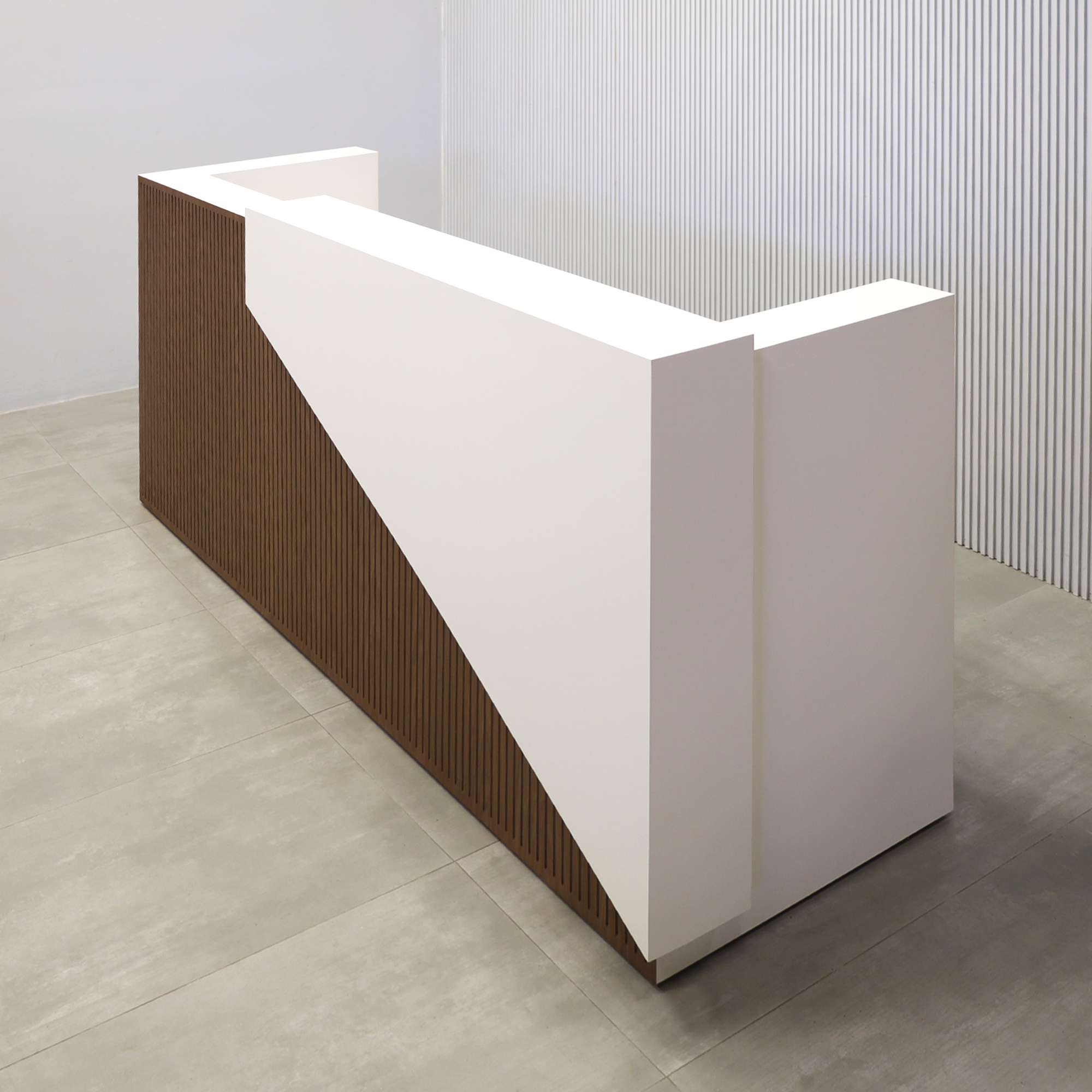 96-inch Miami Reception Desk with Dover Off-White matte laminate counter, Dover Off-White matte laminate workspace, American Walnut & Natural background grooved panel, and Warm White LED.