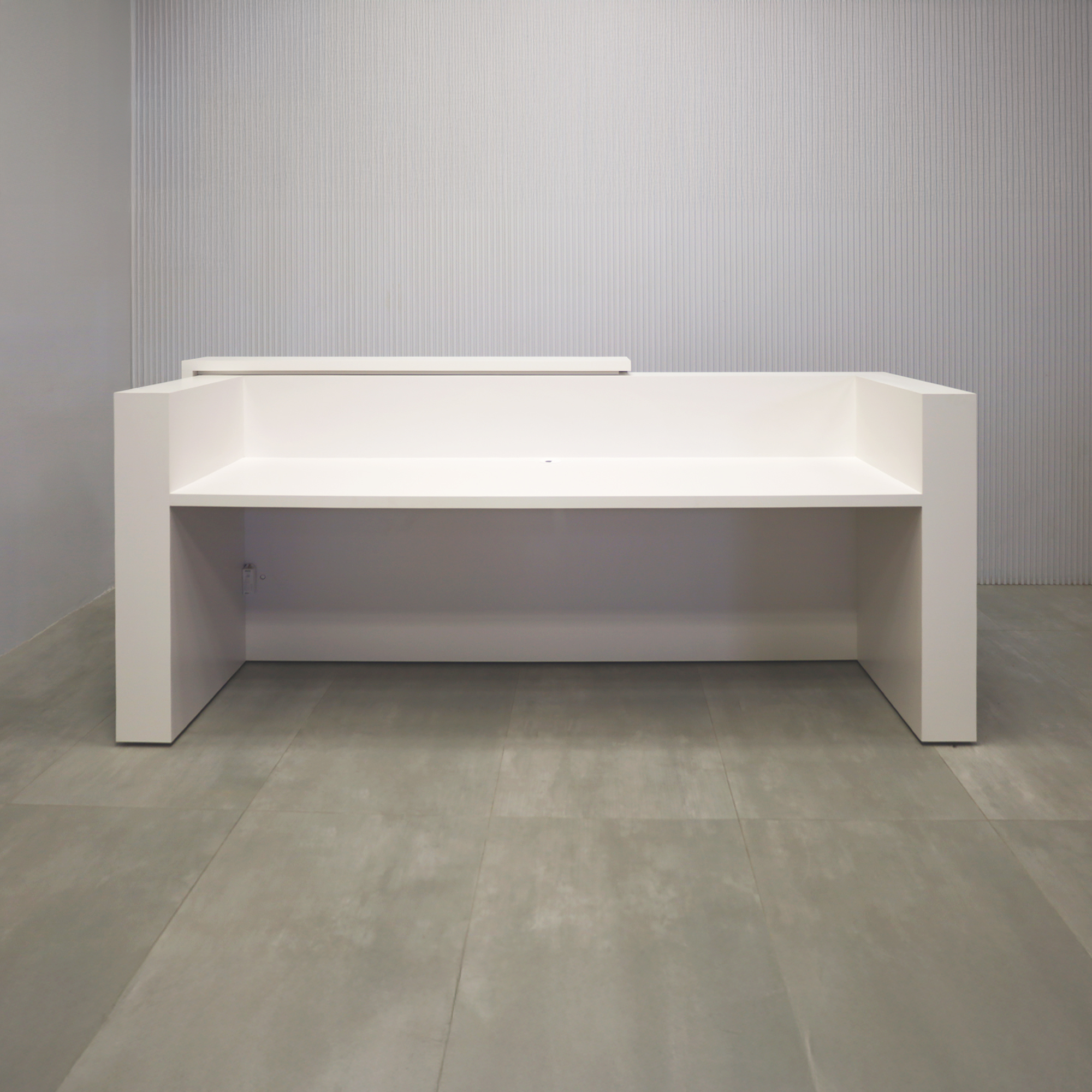 96-inch Miami Reception Desk with Dover Off-White matte laminate counter, Dover Off-White matte laminate workspace, American Walnut & Natural background grooved panel, and Warm White LED.