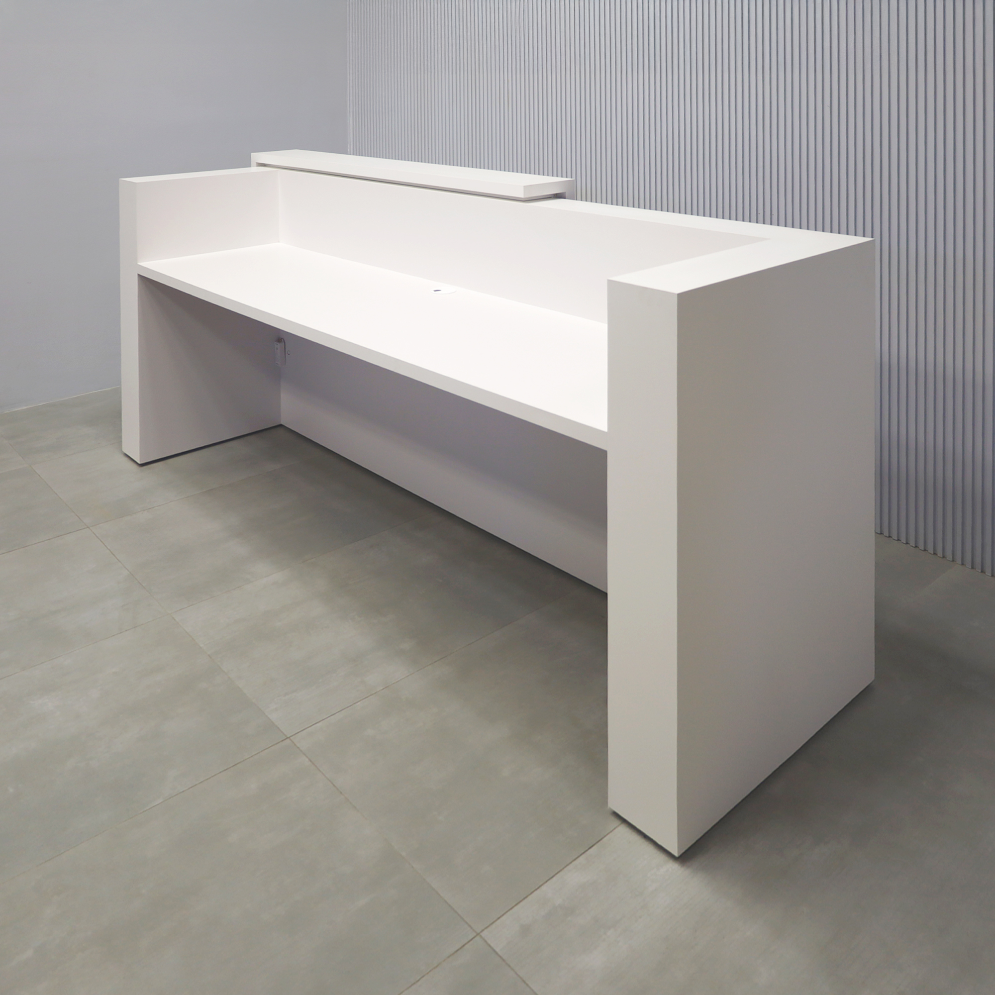 96-inch Miami Reception Desk with Dover Off-White matte laminate counter, Dover Off-White matte laminate workspace, American Walnut & Natural background grooved panel, and Warm White LED.