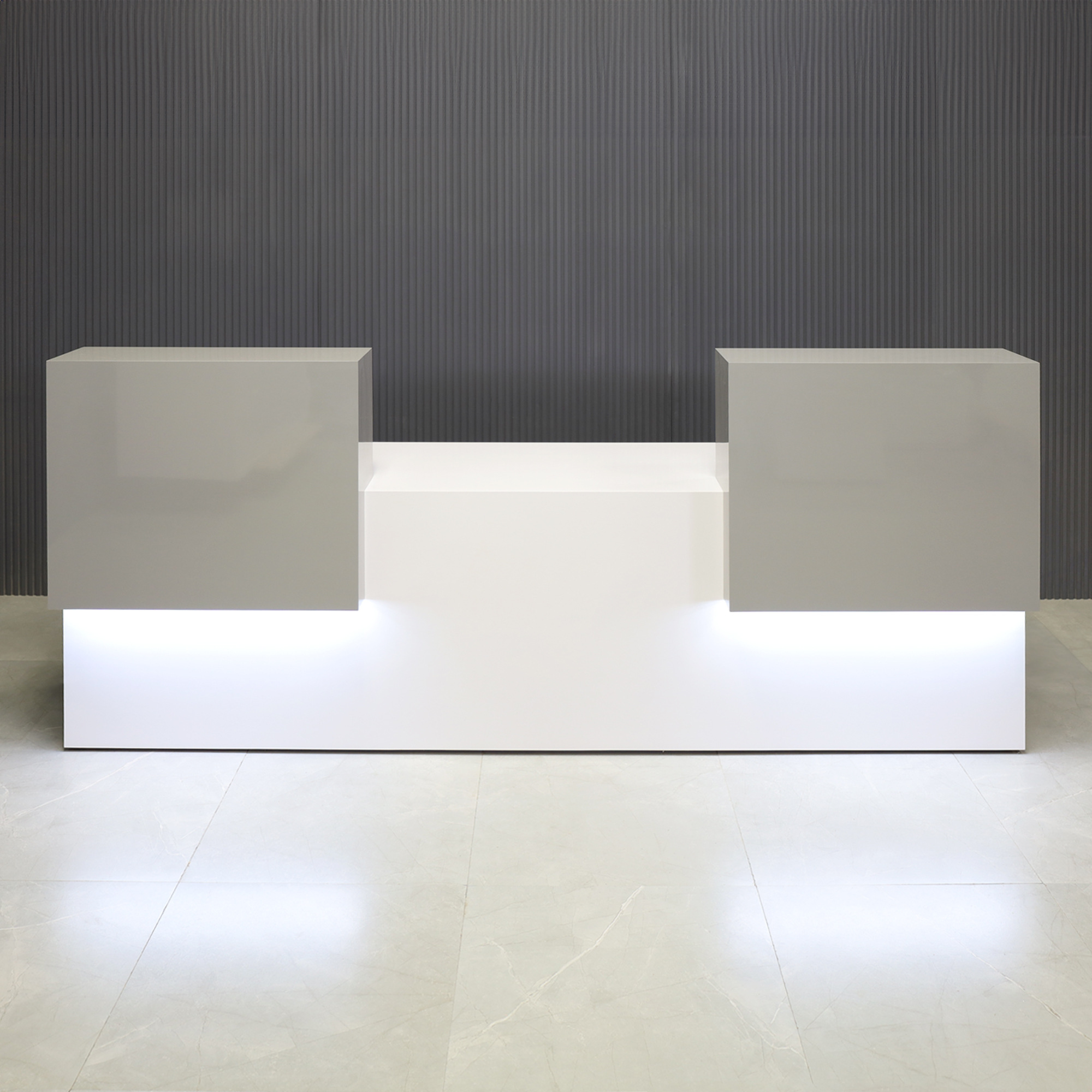 96-inch Los Angeles Double Counter Custom Reception Desk in light gray gloss laminate counters, white gloss laminate desks, and warm white LED.