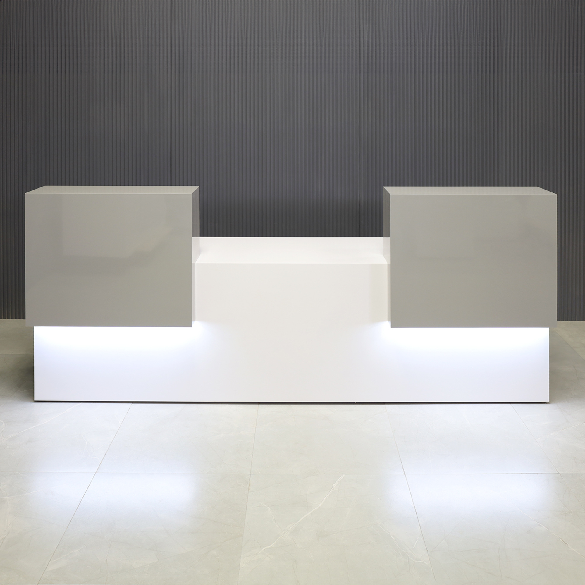 96-inch Los Angeles Double Counter Custom Reception Desk in light gray gloss laminate counters and white gloss laminate desks, with white LED, shown here.