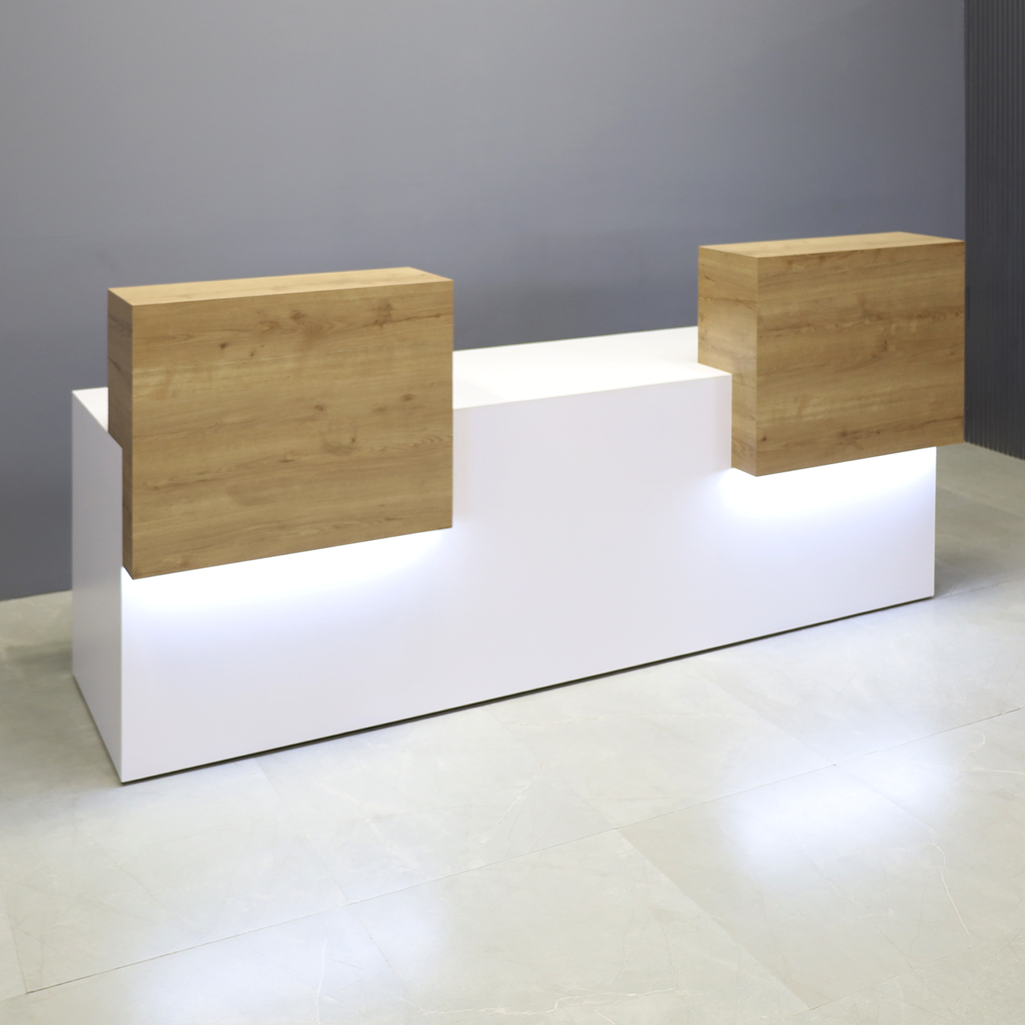 96-inch Los Angeles Double Counter Custom Reception Desk in planked urban oak matte laminate counters, white matte laminate desks, and warm with white LED.