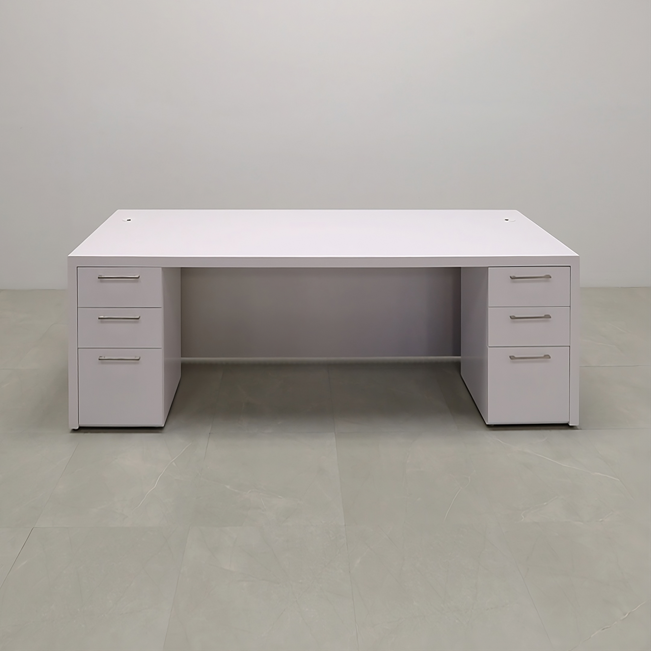 96-inch Cosmopolitan Executive Desk in white gloss laminate desk and white gloss tambour front panel with color LED shown here.