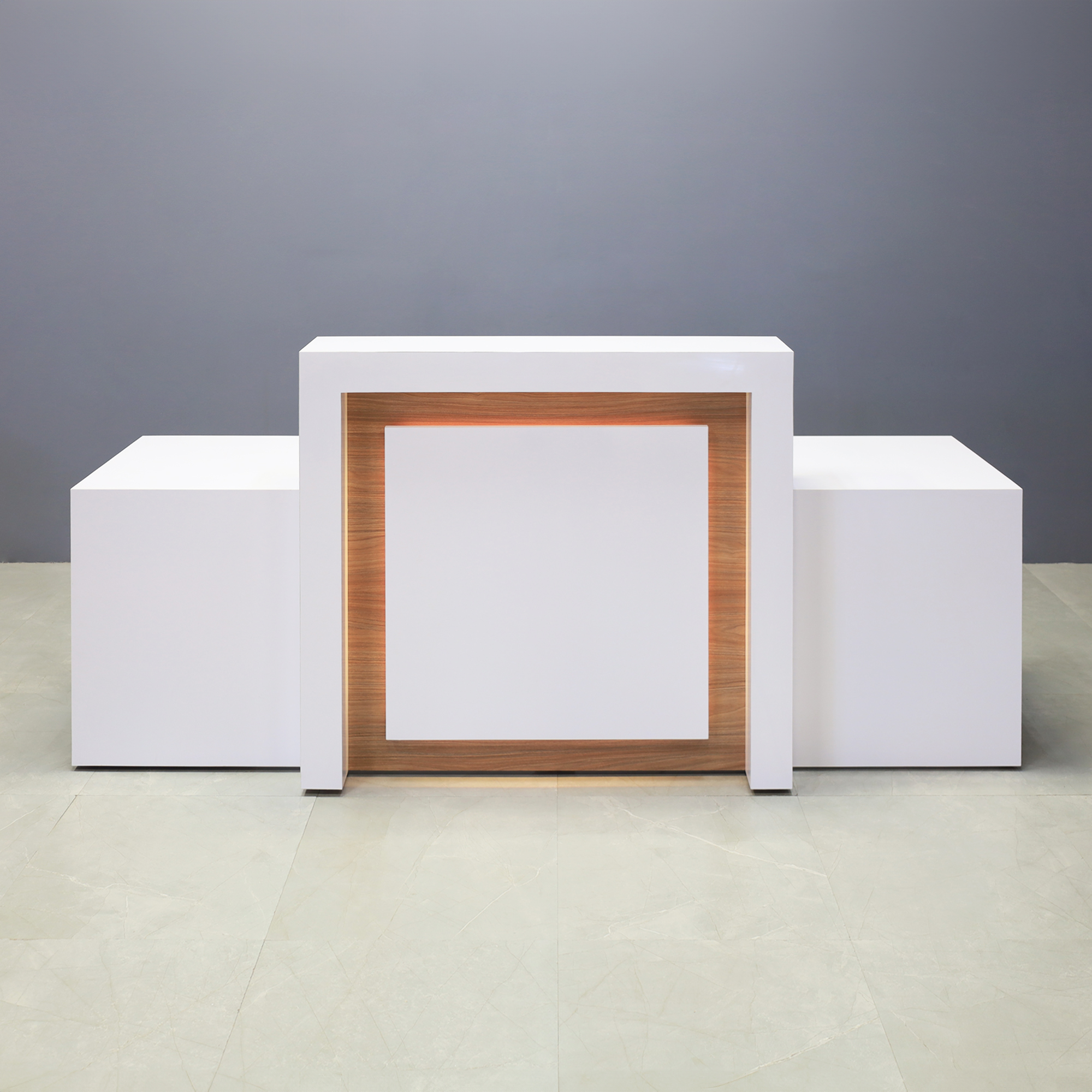 96-inch New York Extra Wide in white gloss laminate main desk and uptown walnut (discontinued) matte laminate recess accent, with multi-colored LED, shown here.