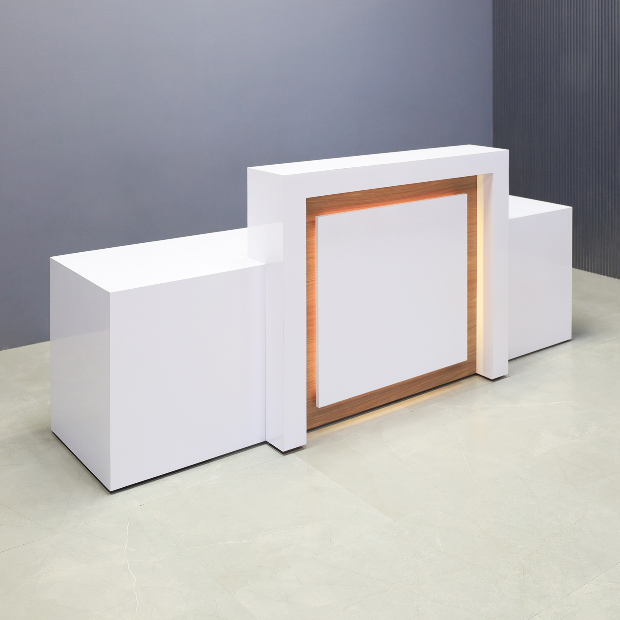 96-inch New York Extra Wide Reception Desk in white gloss laminate main desk and uptown walnut recess accent, with color LED, shown here.