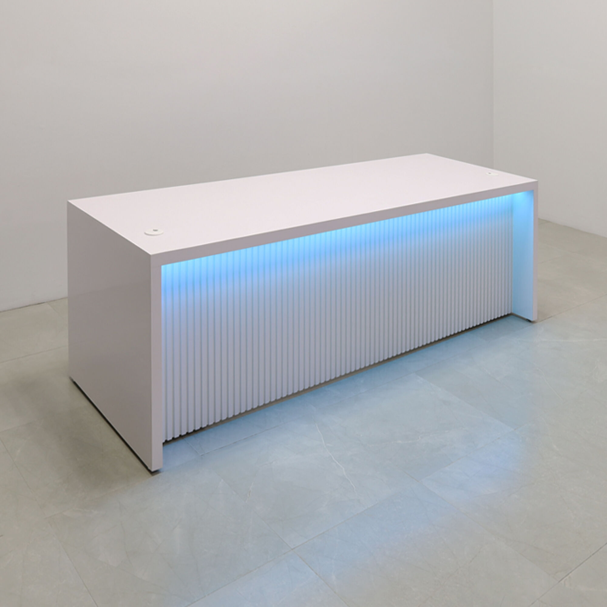 96-inch Cosmopolitan Executive Desk in white gloss laminate main desk, white gloss tambour front panel, and color changing LED.