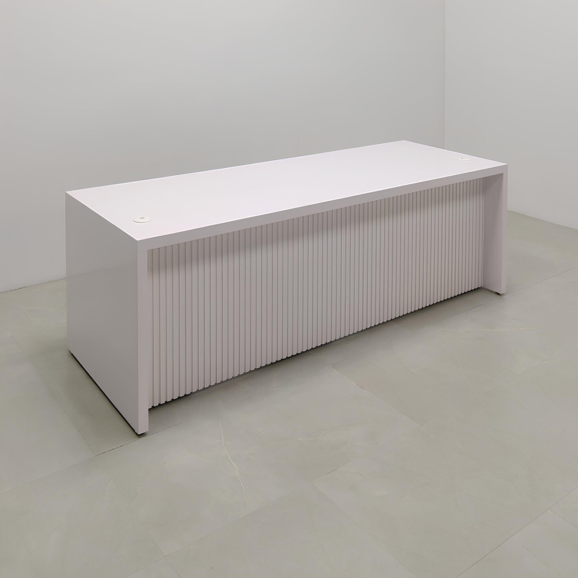 96-inch Cosmopolitan Executive Desk in white gloss laminate main desk, white gloss tambour front panel, and color changing LED.
