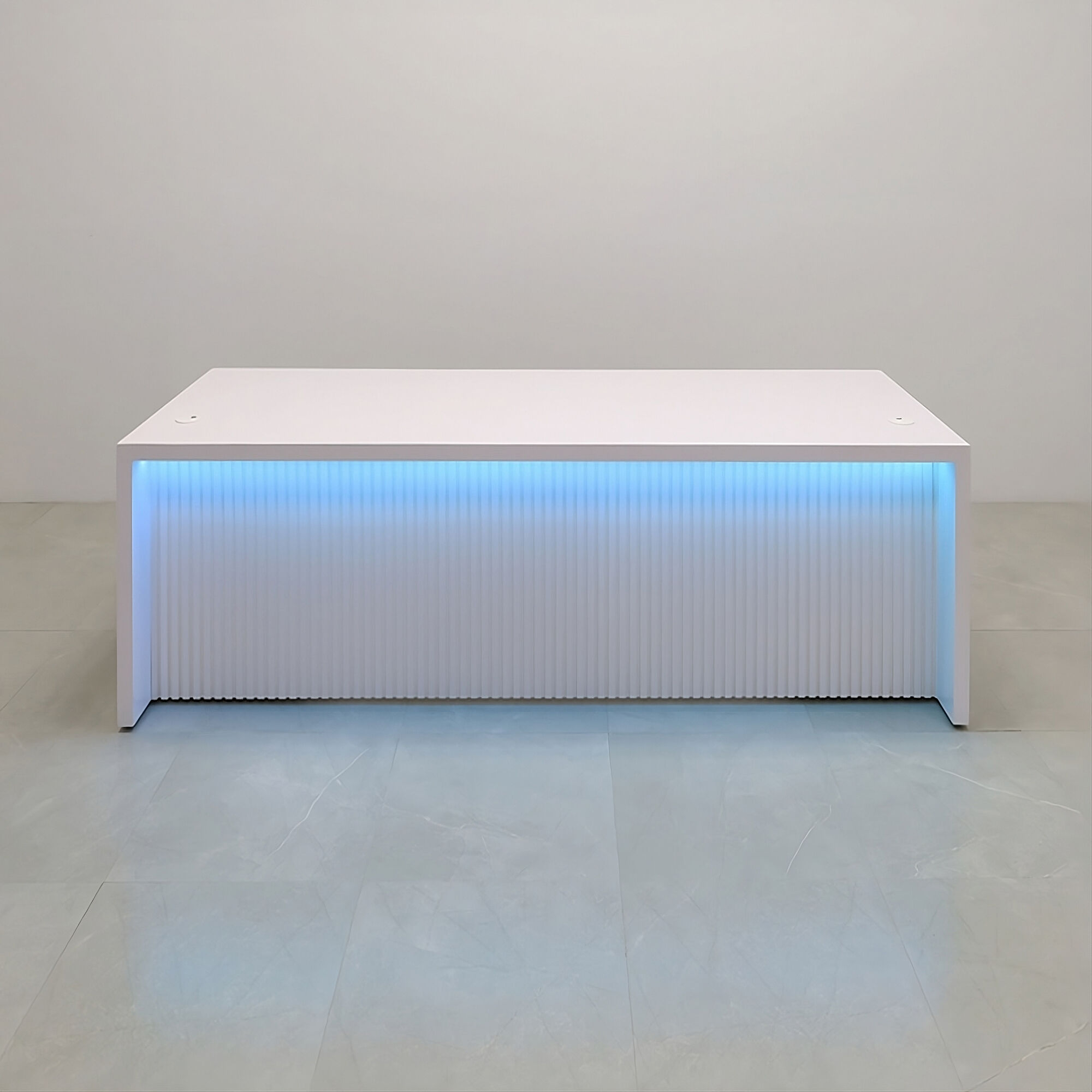 96-inch Cosmopolitan Executive Desk in white gloss laminate main desk, white gloss tambour front panel, and color changing LED.
