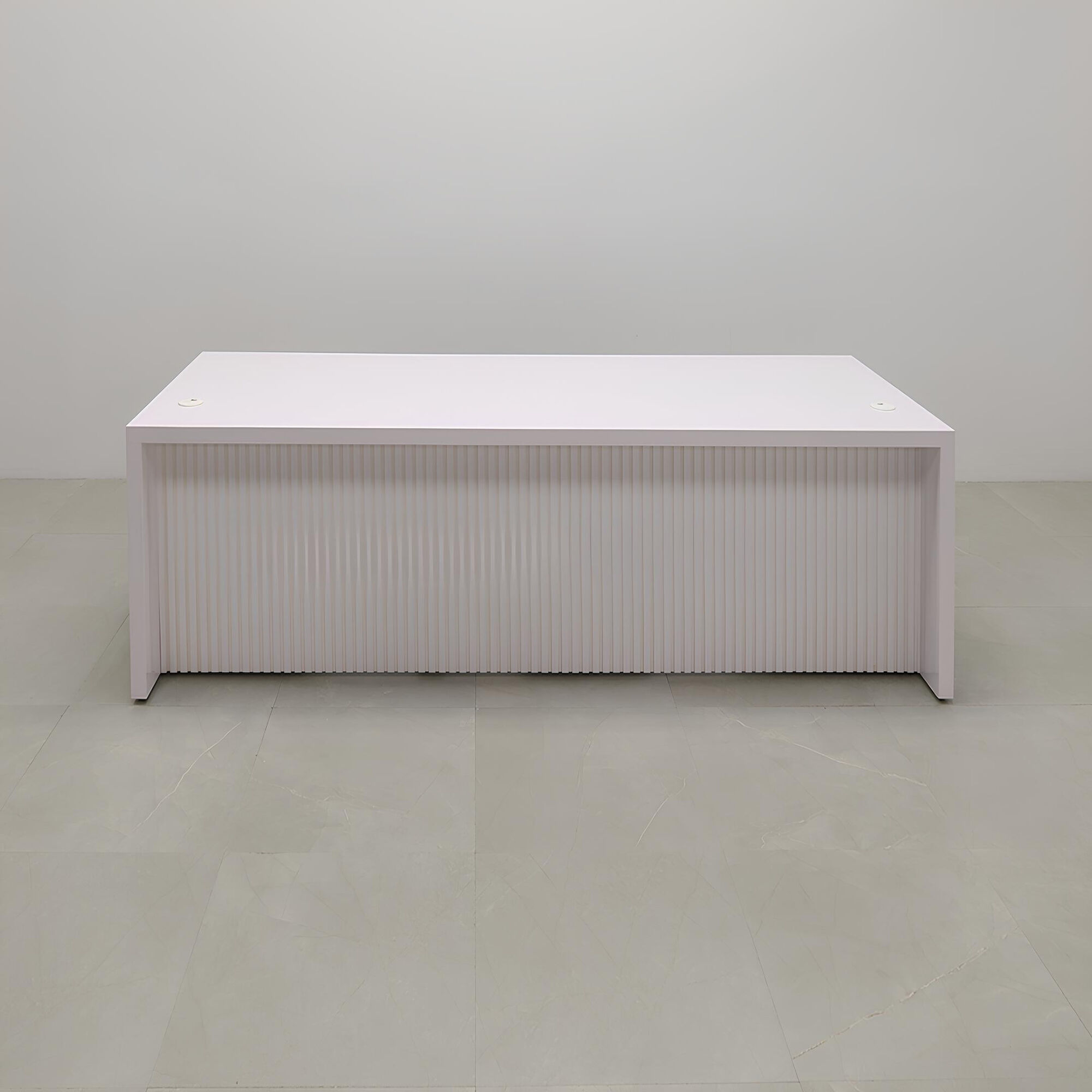 96-inch Cosmopolitan Executive Desk in white gloss laminate main desk, white gloss tambour front panel, and color changing LED.