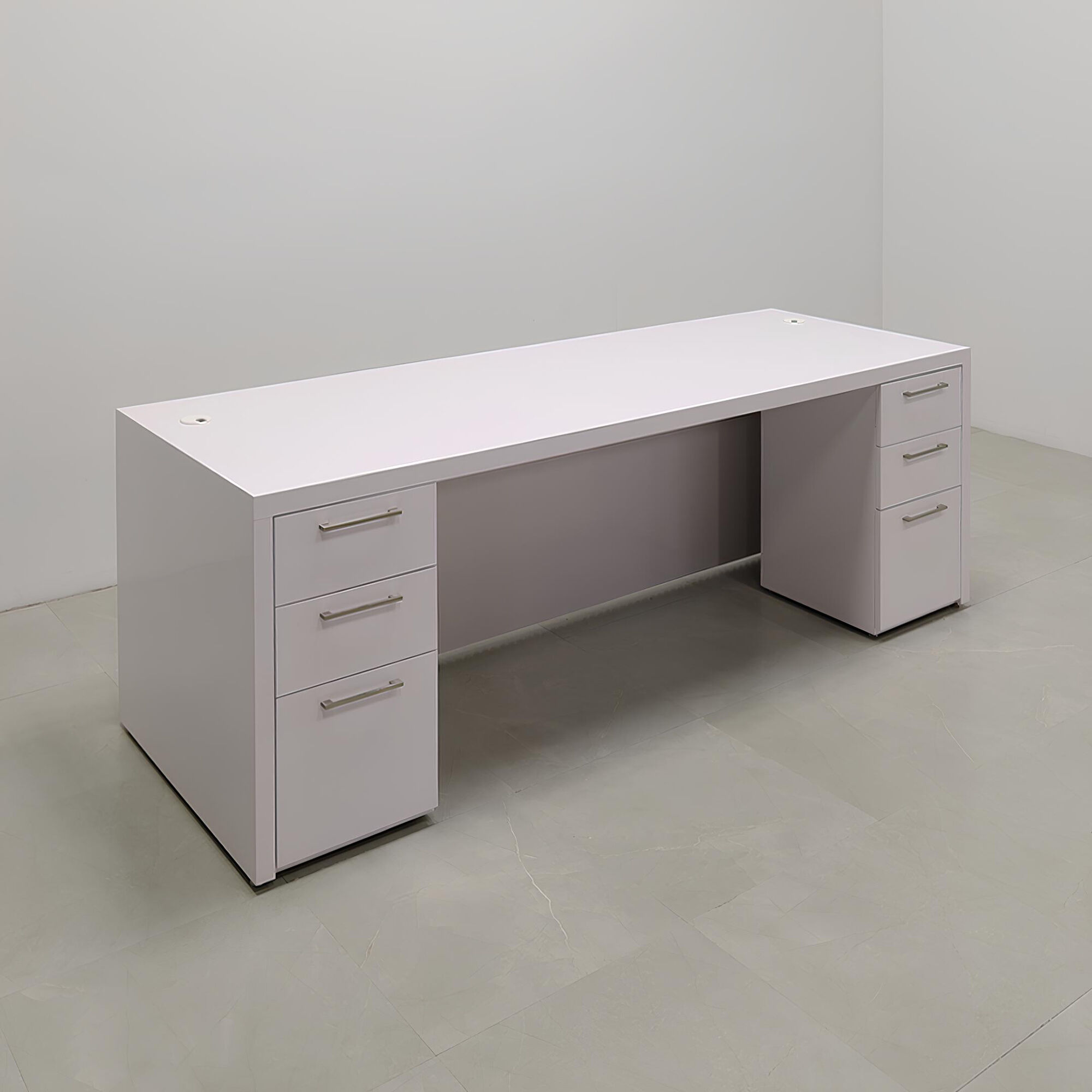 96-inch Cosmopolitan Executive Desk in white gloss laminate main desk, white gloss tambour front panel, and color changing LED. Built-in storage on both sides.