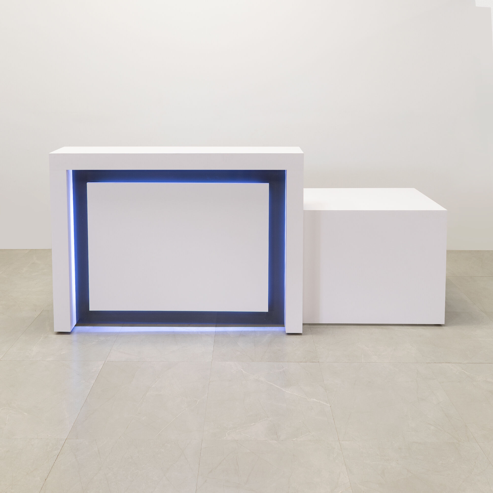 96-inch New York ADA Compliant Custom Reception Desk with the counter top side on the left side when facing front in white matte laminate main desk & front panel, storm gray gloss laminate accent recessed, and color changing LED.