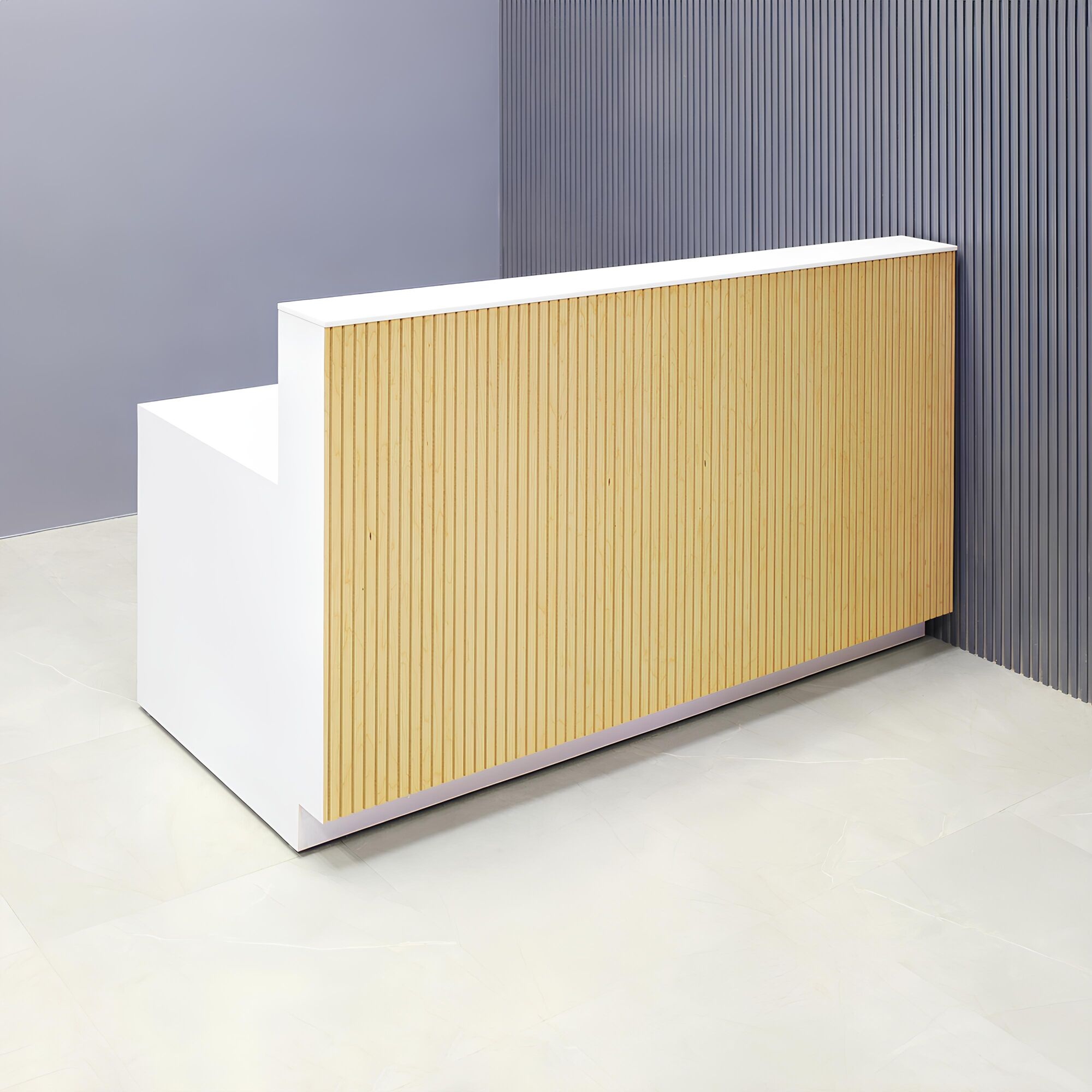 72-inch Dallas Straight Custom Reception Desk in 1/2-inch white solid engineered surface top, maple tambour main desk, and white matte laminate workspace & toe-kick.