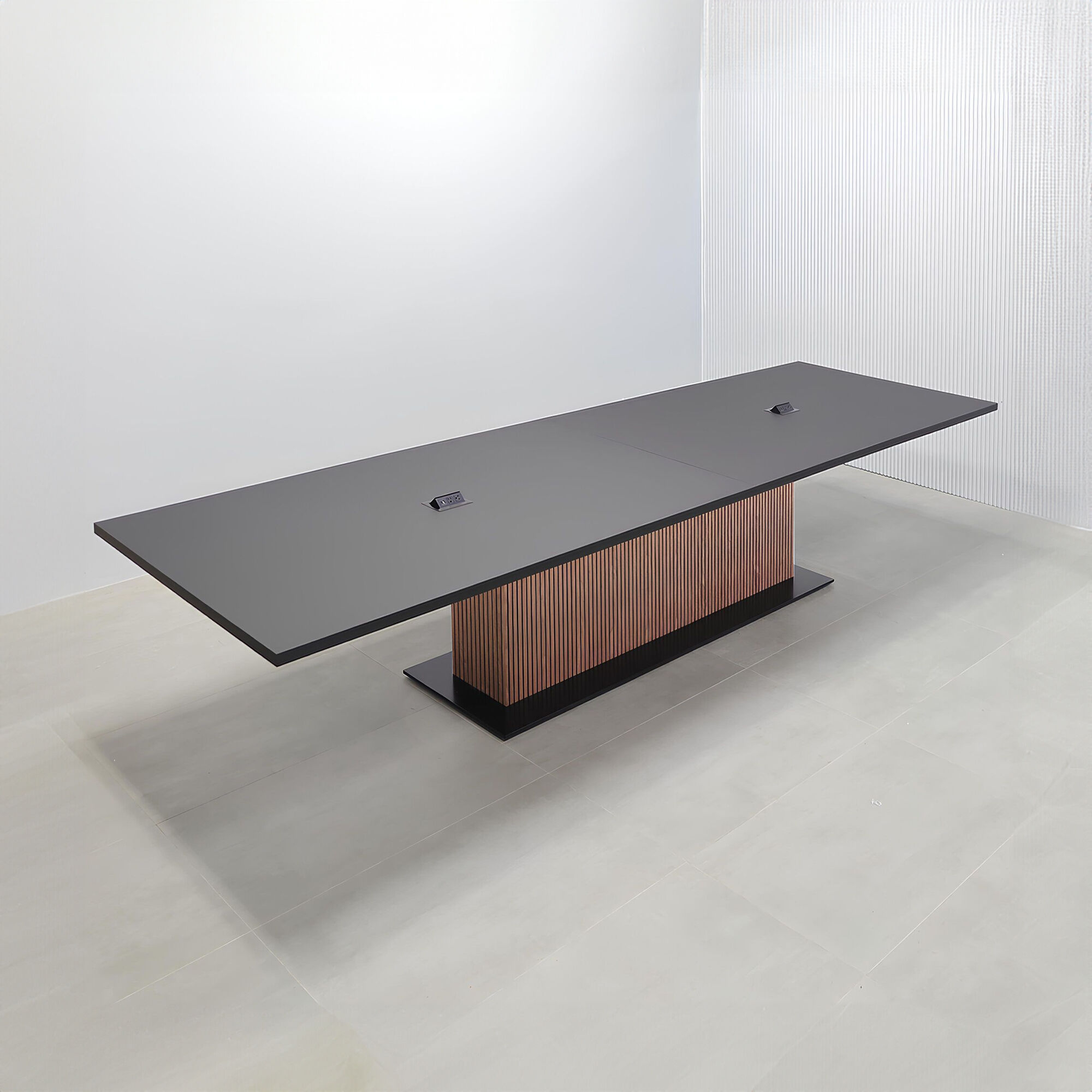 180-inch Newton Rectangular Conference Table with black traceless laminate top, walnut & black background tambour pedestal, black stainless steel California X3 base, and 2 black MX2 power boxes.