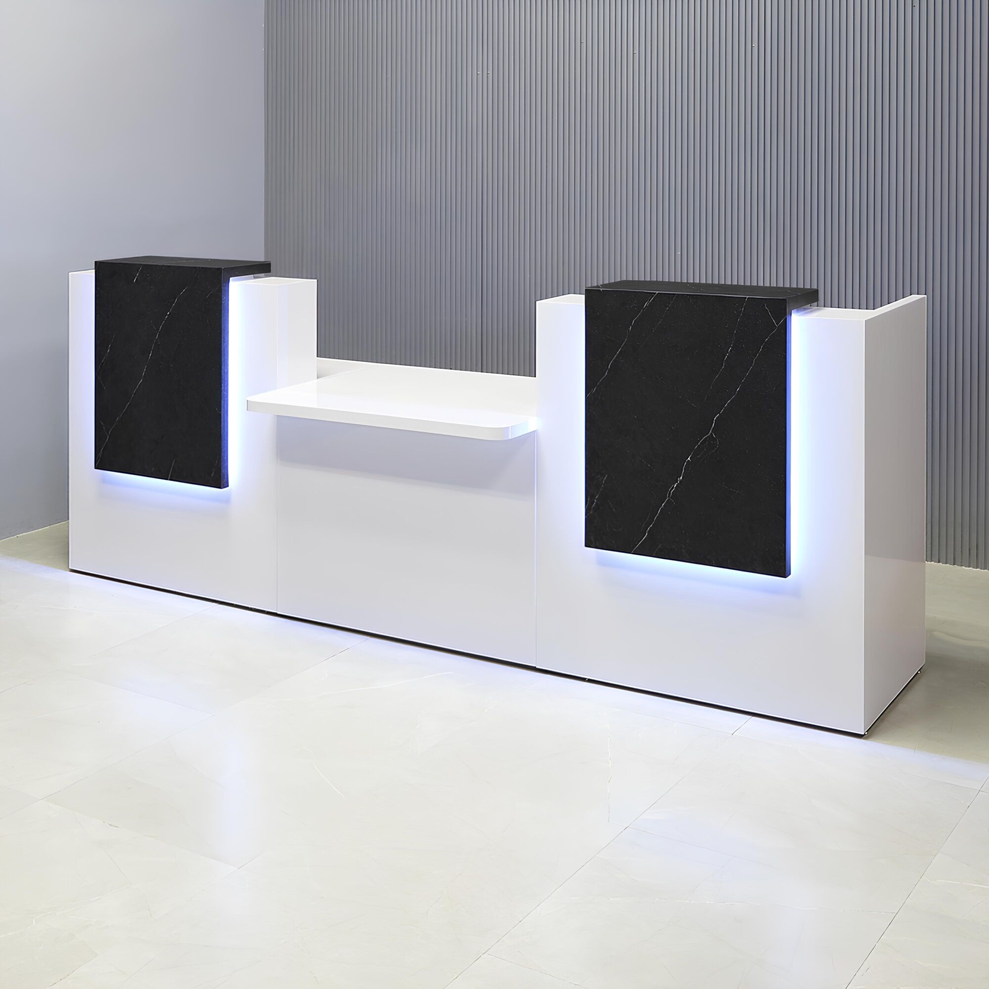 108-inch Chicago Double Counter and ADA Compliant Custom Reception Desk in black stone PVC counters, white gloss laminate desks, and color changing LED.