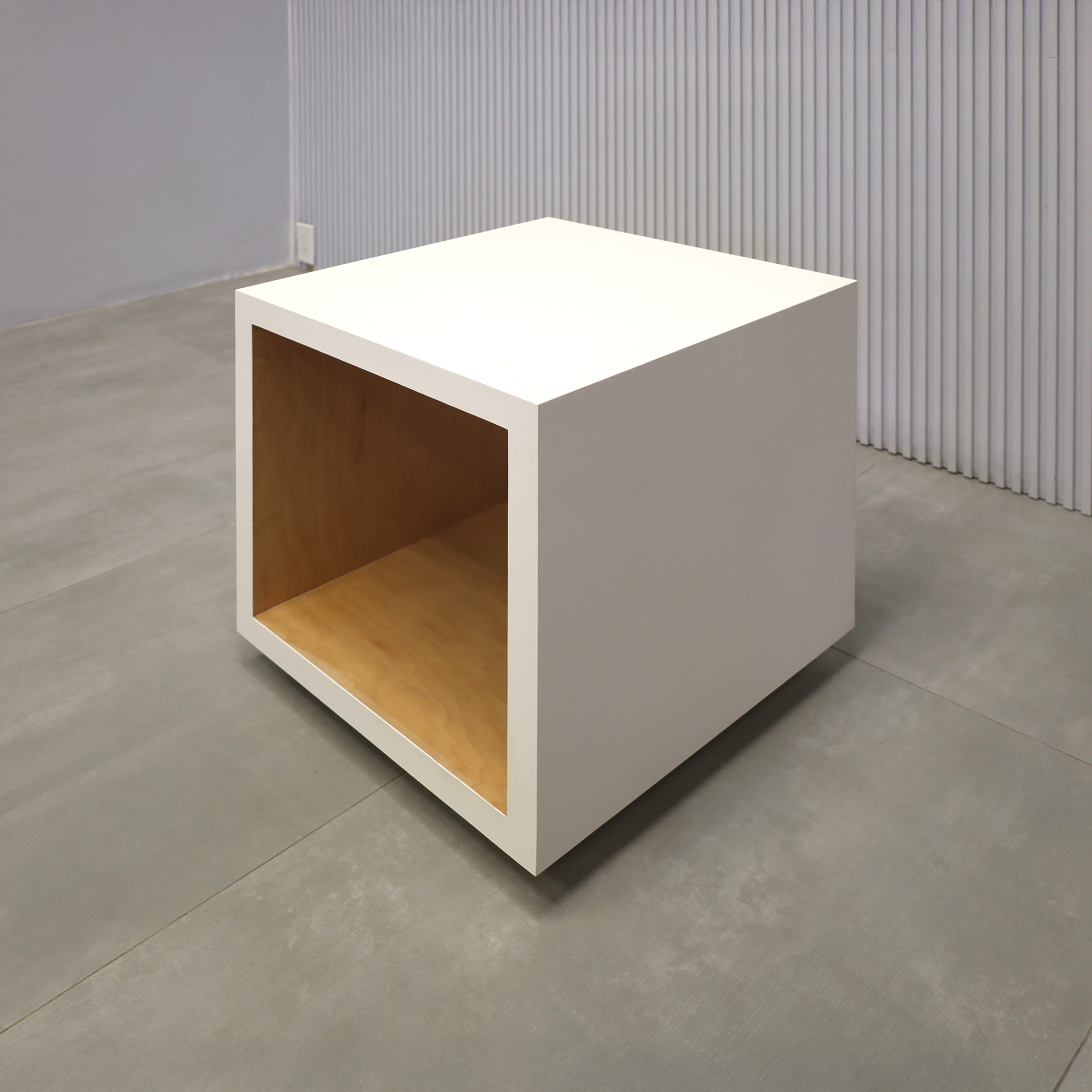 20x20"SQ Albany Square Side Table with Dover off-white matte laminate main body, and natural inside finish.