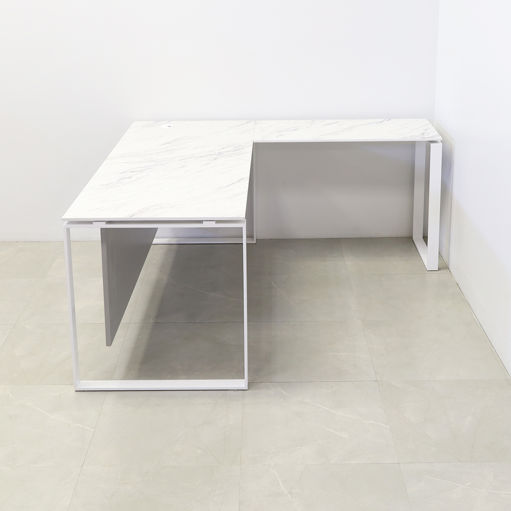 Aspen L-Shape Executive Desk With Engineered Stone Top in calcutta blanc top, folkstone gray privacy panel and white metal legs shown here.