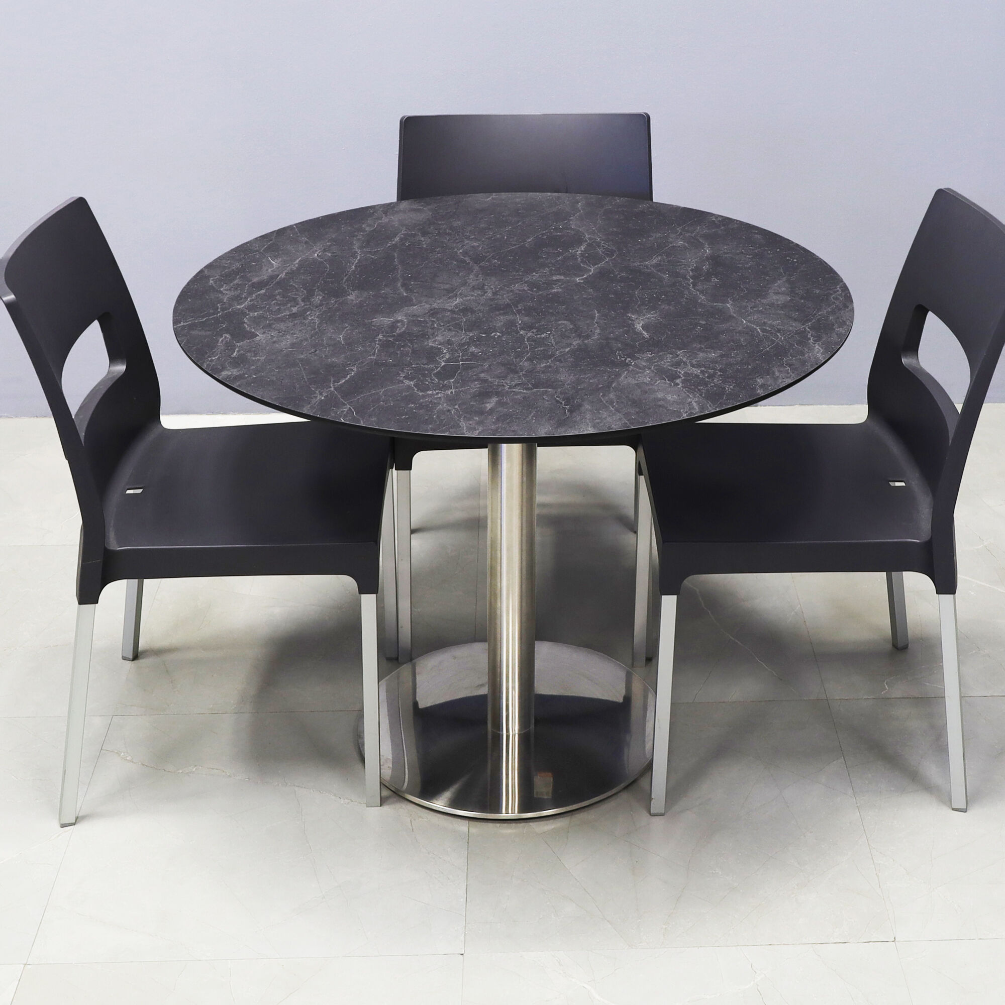 30-inch Aurora Conference Table with X1 Base with black amani engineered stone top and aluminum stainless steel base.