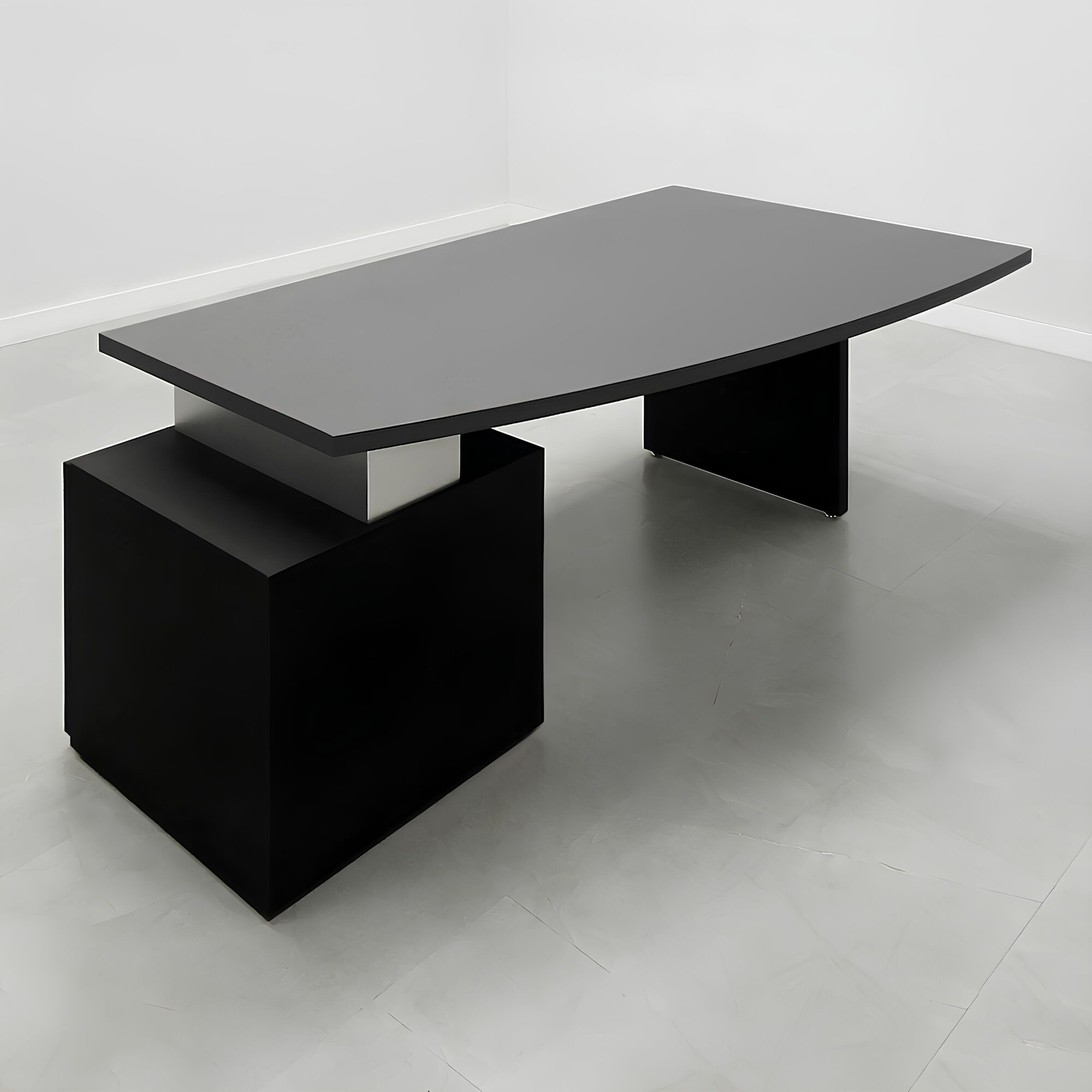 Avenue Curved Executive Desk With Laminate Top in black matte laminate top, base and storage shown here.
