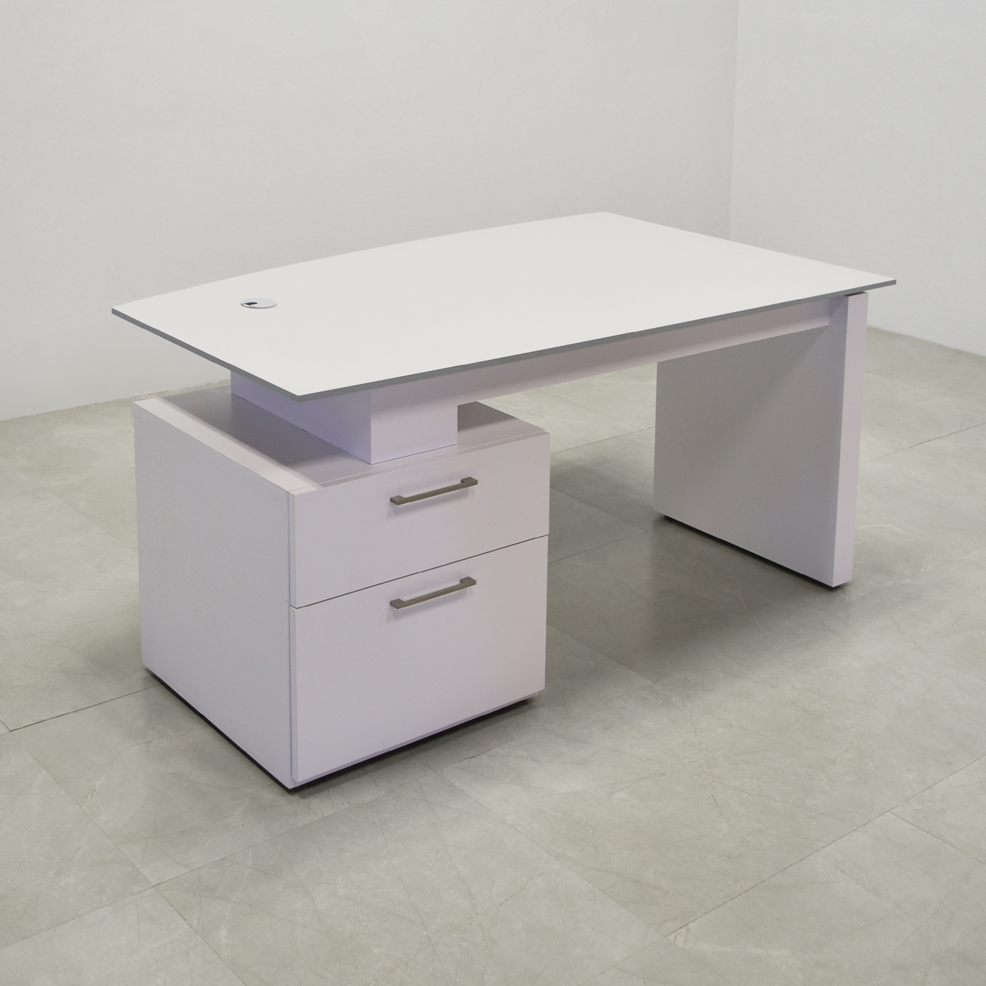 Avenue Curved Executive Desk With Engineered Stone Top in gray stone (discontinued) and white matte laminate base & storage shown here.