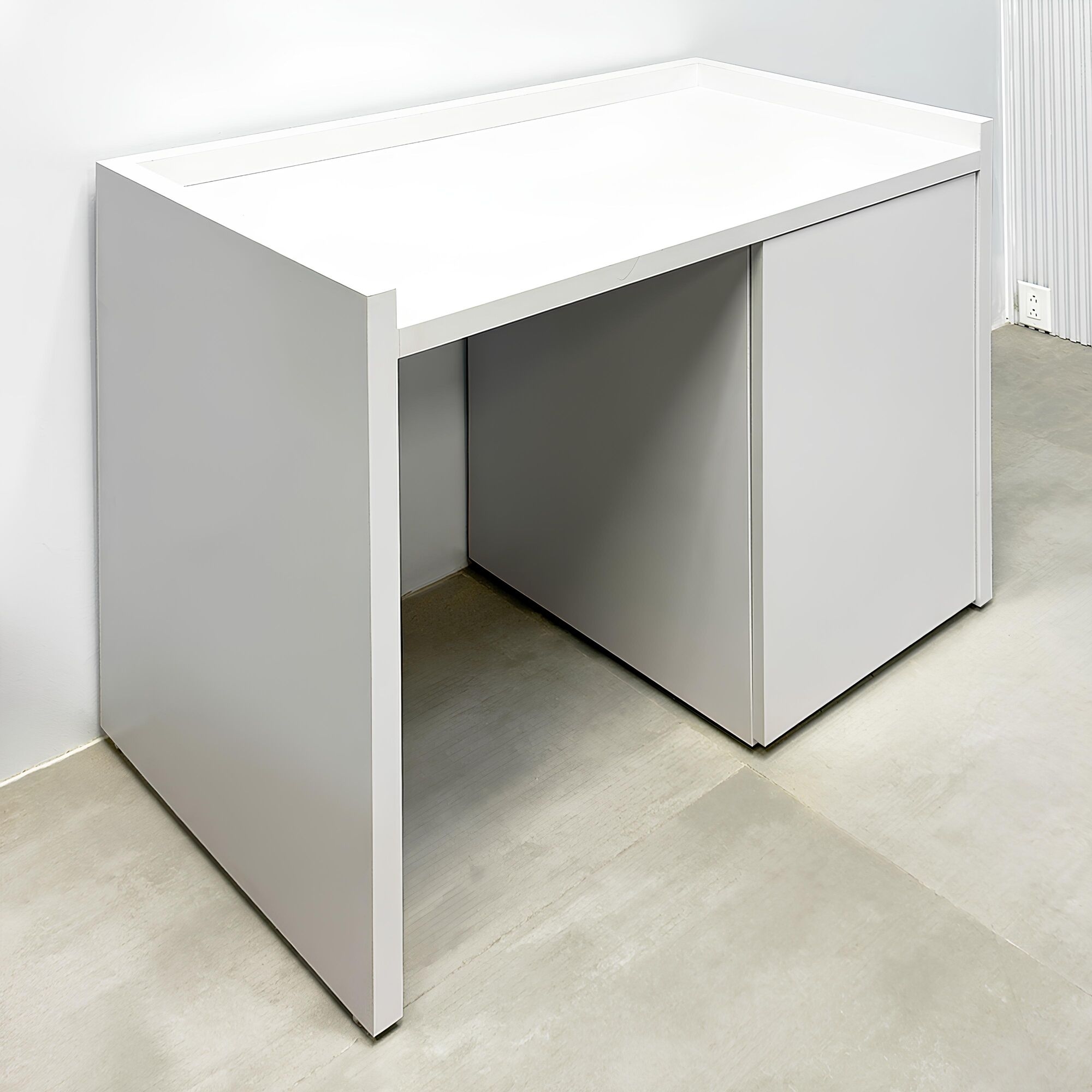 48-inch Avenue Beverage Station with white matte laminate station and white matte laminate doors.