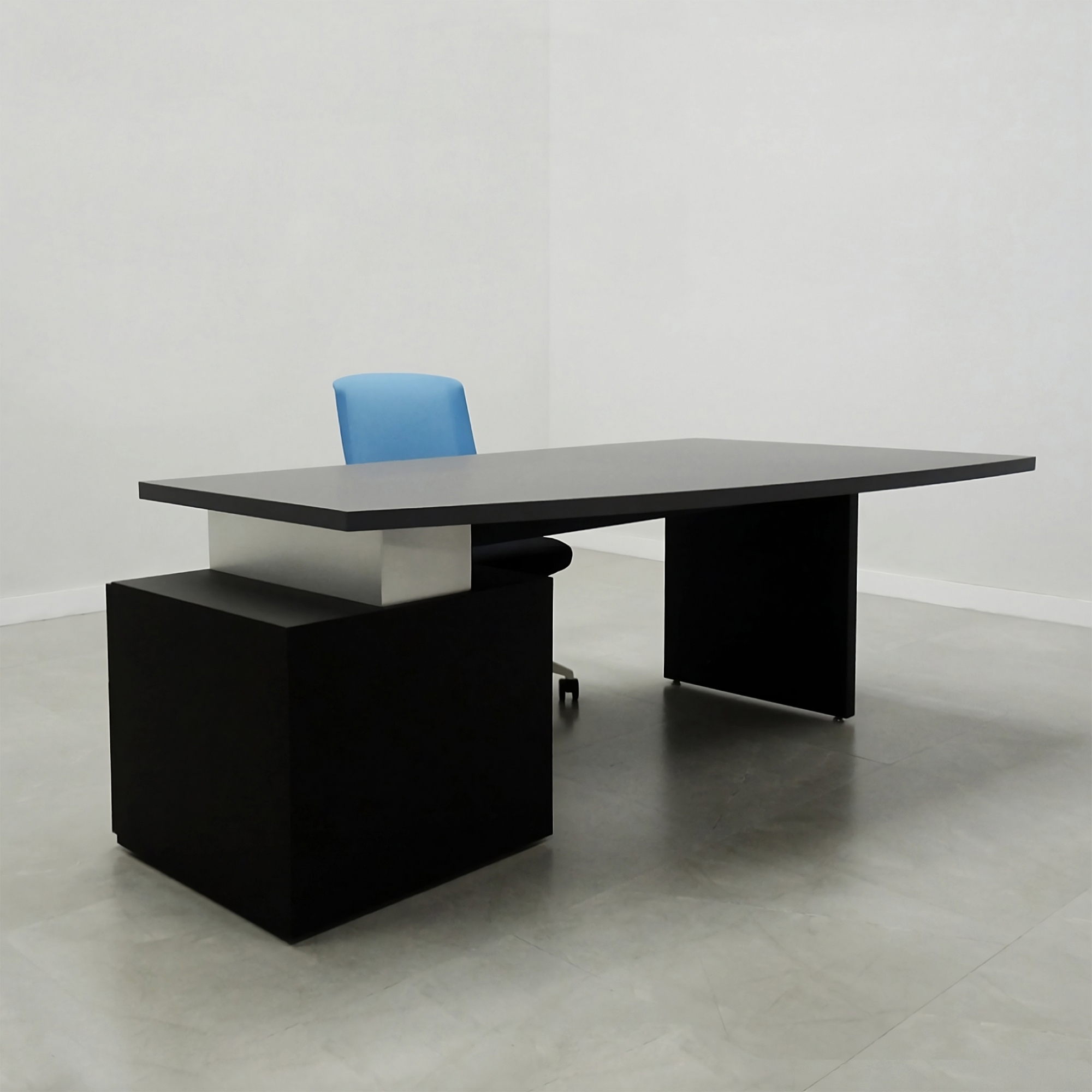 Avenue Curved Executive Desk With Laminate Top in black matte laminate top, base and storage shown here.