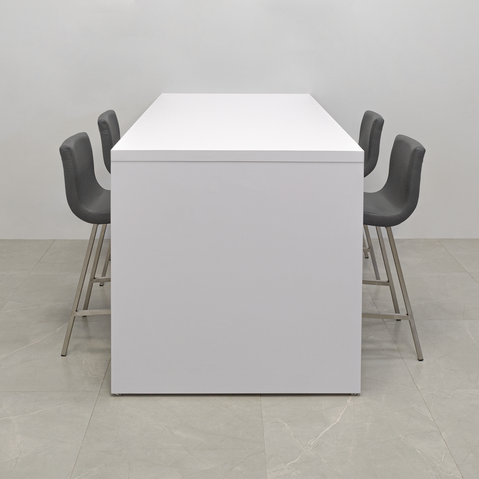Ahville Laminate Bar Table in white matte laminate finish shown here.