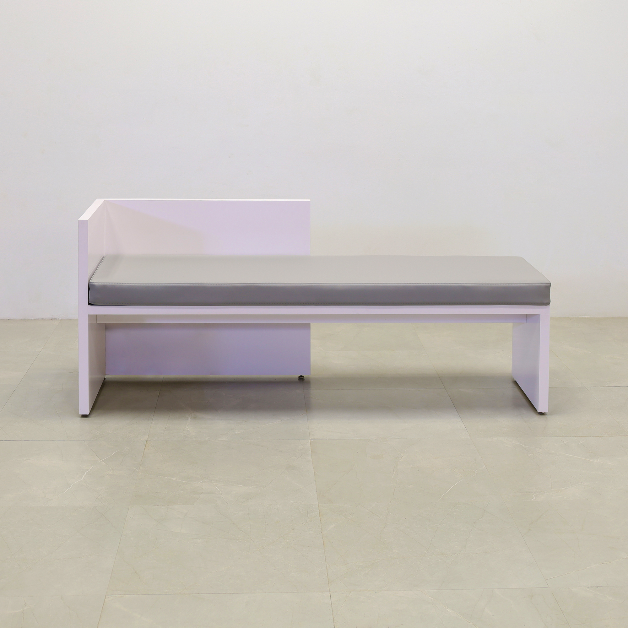 Astoria Sofa Bench with Cushion in gray leatherette and white gloss laminate finish sofa frame shown here.