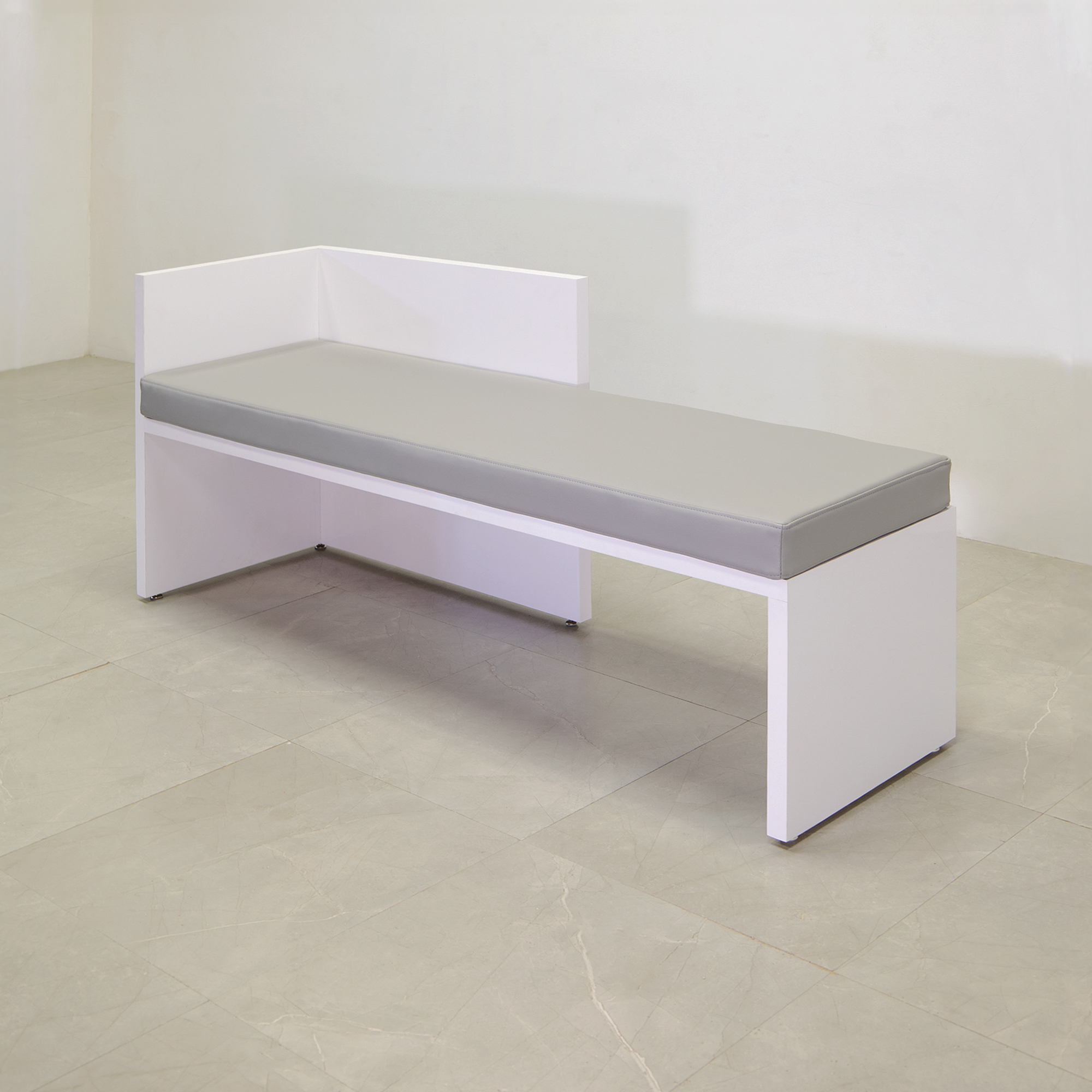 Astoria Sofa Bench with Cushion in gray leatherette and white gloss laminate finish sofa frame shown here.