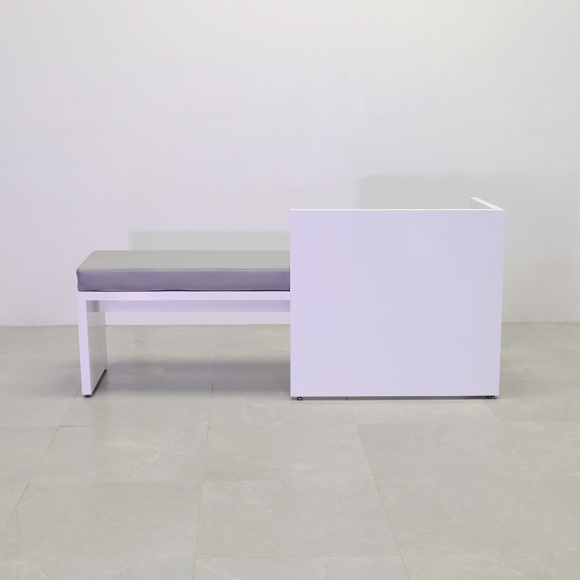 Astoria Sofa Bench with Cushion in gray leatherette and white gloss laminate finish sofa frame shown here.