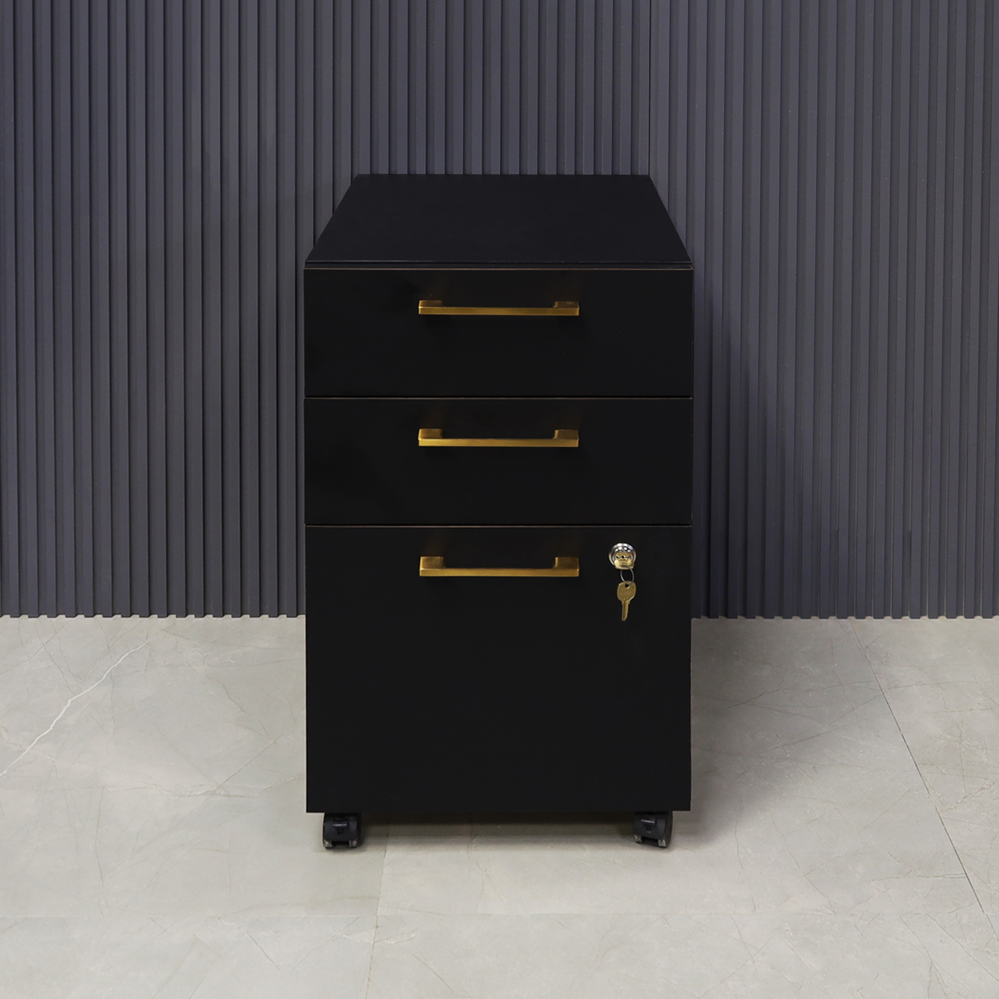Naples Custom Mobile Storage Cabinet in black matte laminate and lock on third drawer, shown here.