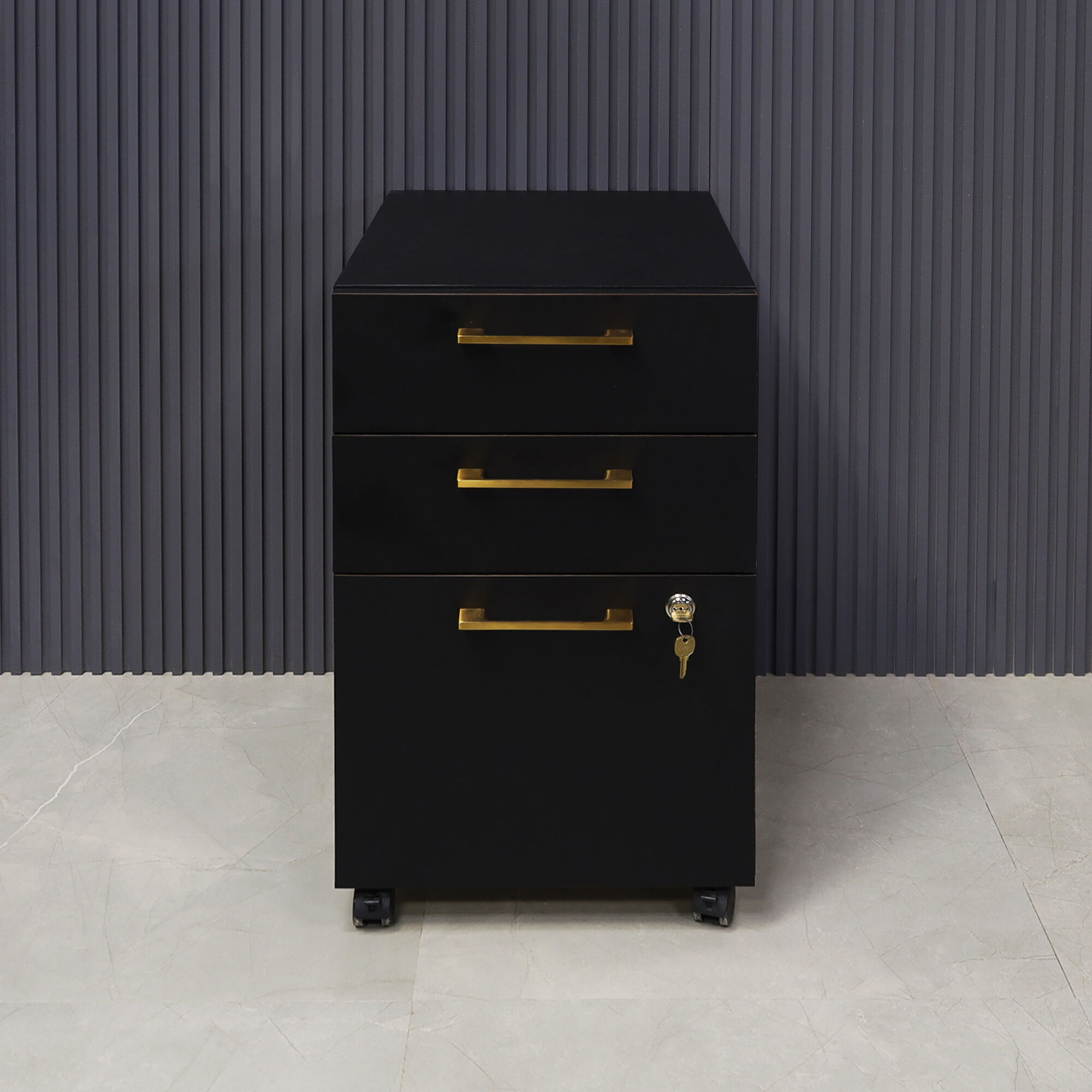 Naples Custom Mobile Storage Cabinet in black matte laminate, and lock on third drawer.