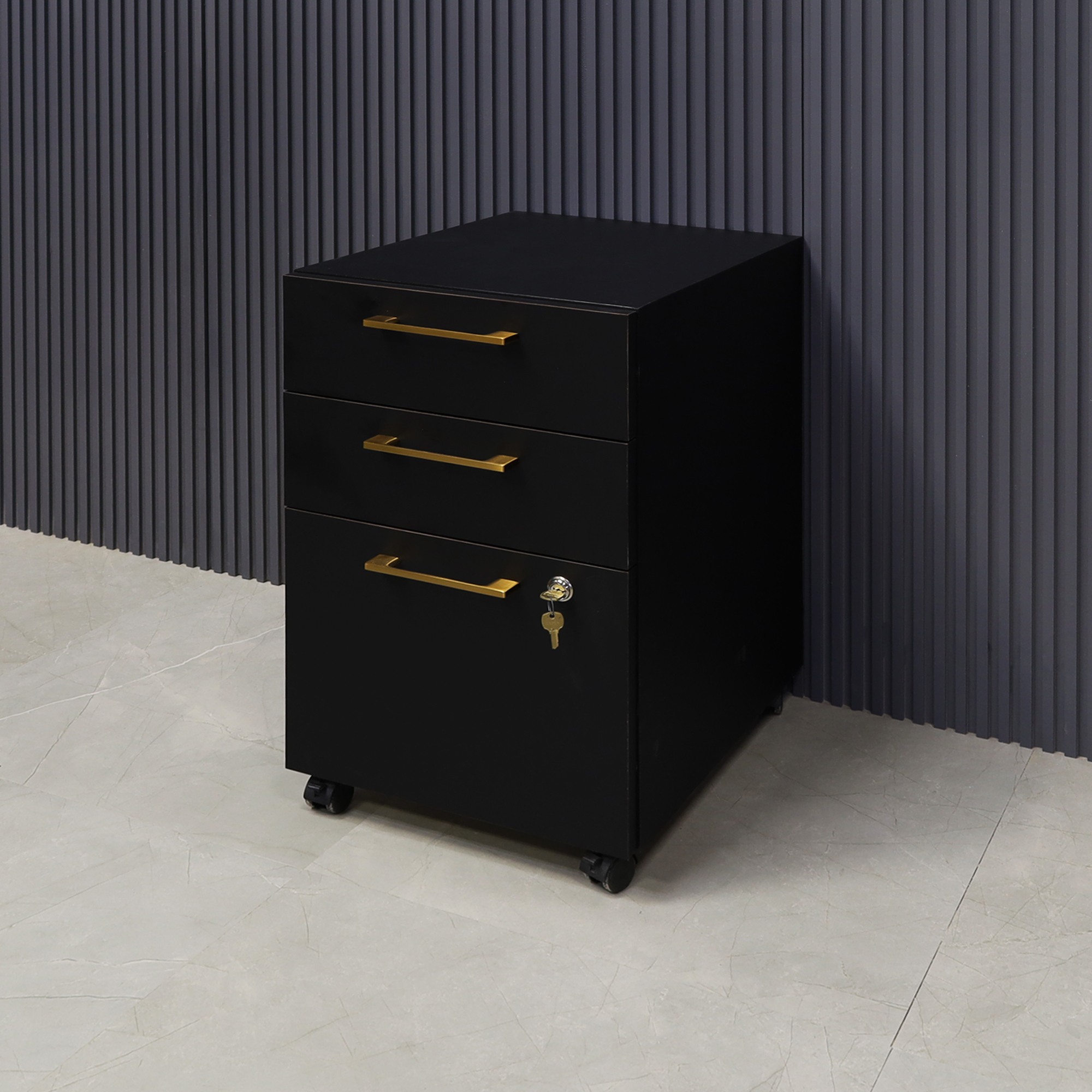 Naples Custom Mobile Storage Cabinet in black matte laminate and lock on third drawer, shown here.