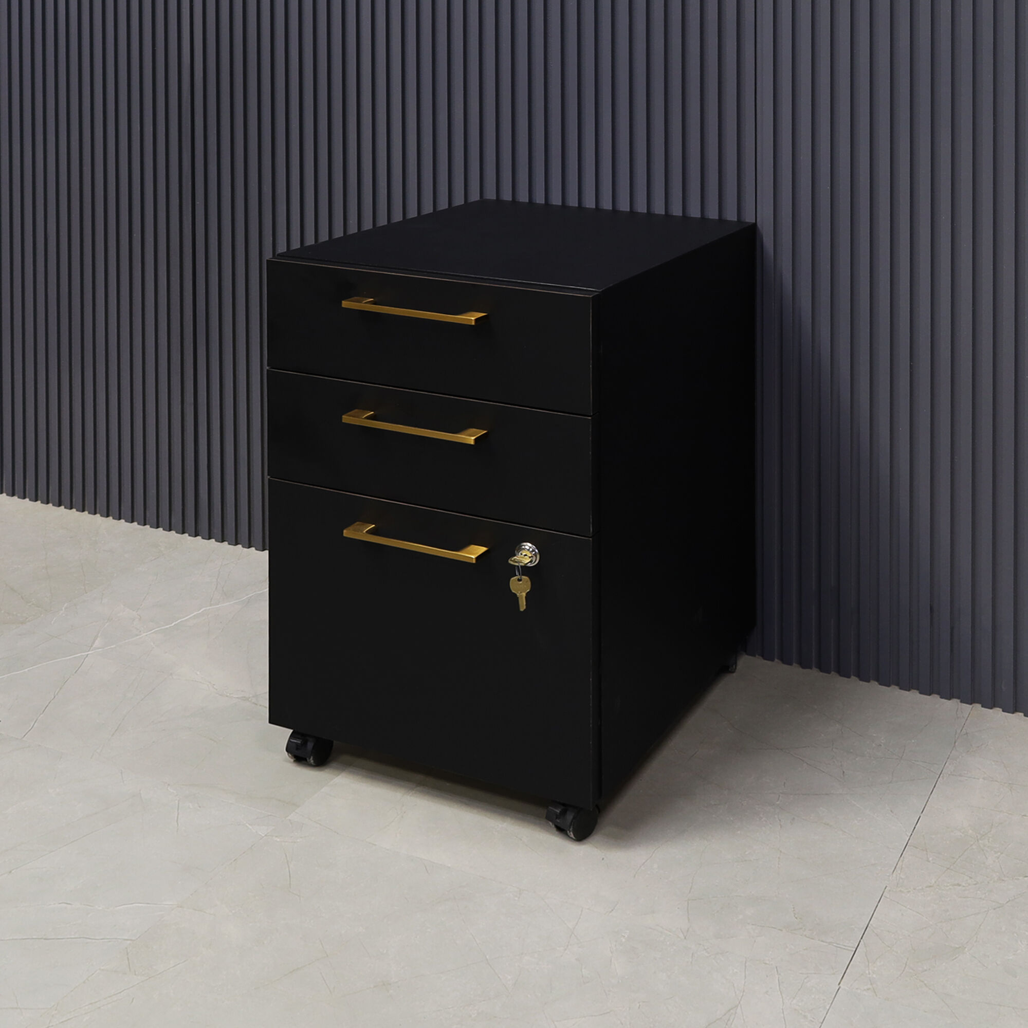 Naples Custom Mobile Storage Cabinet in black matte laminate, and lock on third drawer.