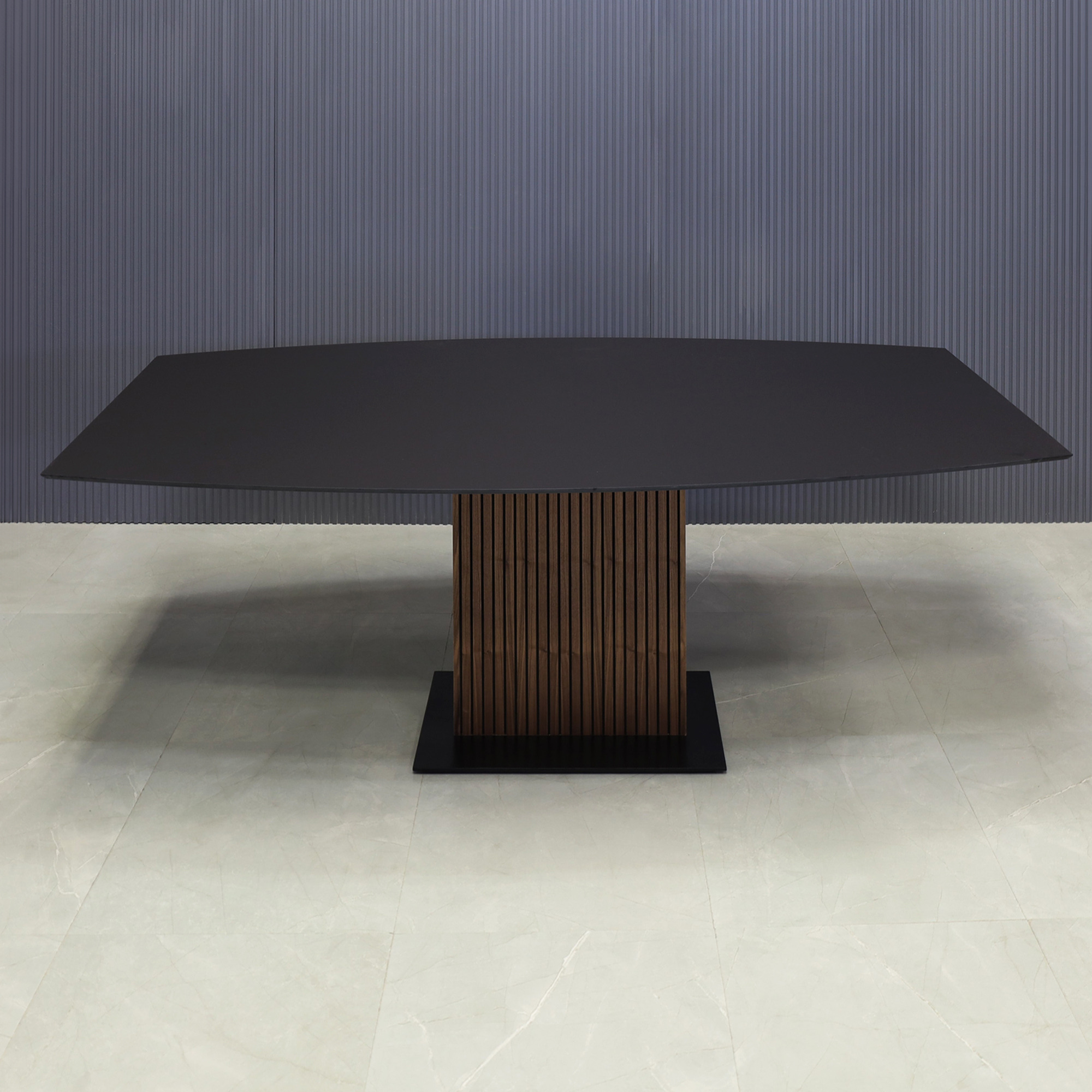 72-inches Newton Boat Shape Conference Table with black OPAK engineered stone top, and walnut tambour with black background.
