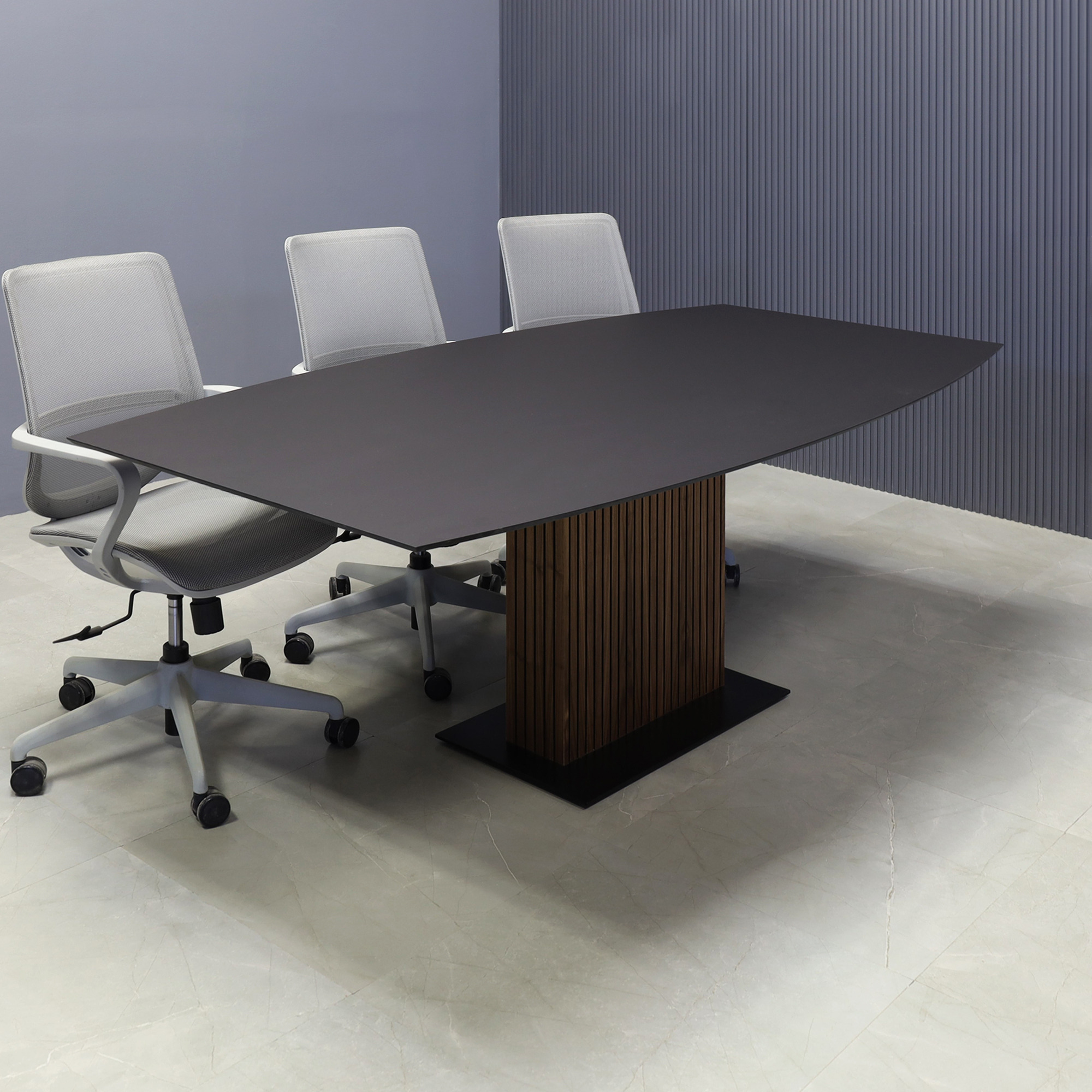 72-inches Newton Boat Shape Conference Table with black OPAK engineered stone top, and walnut tambour with black background.