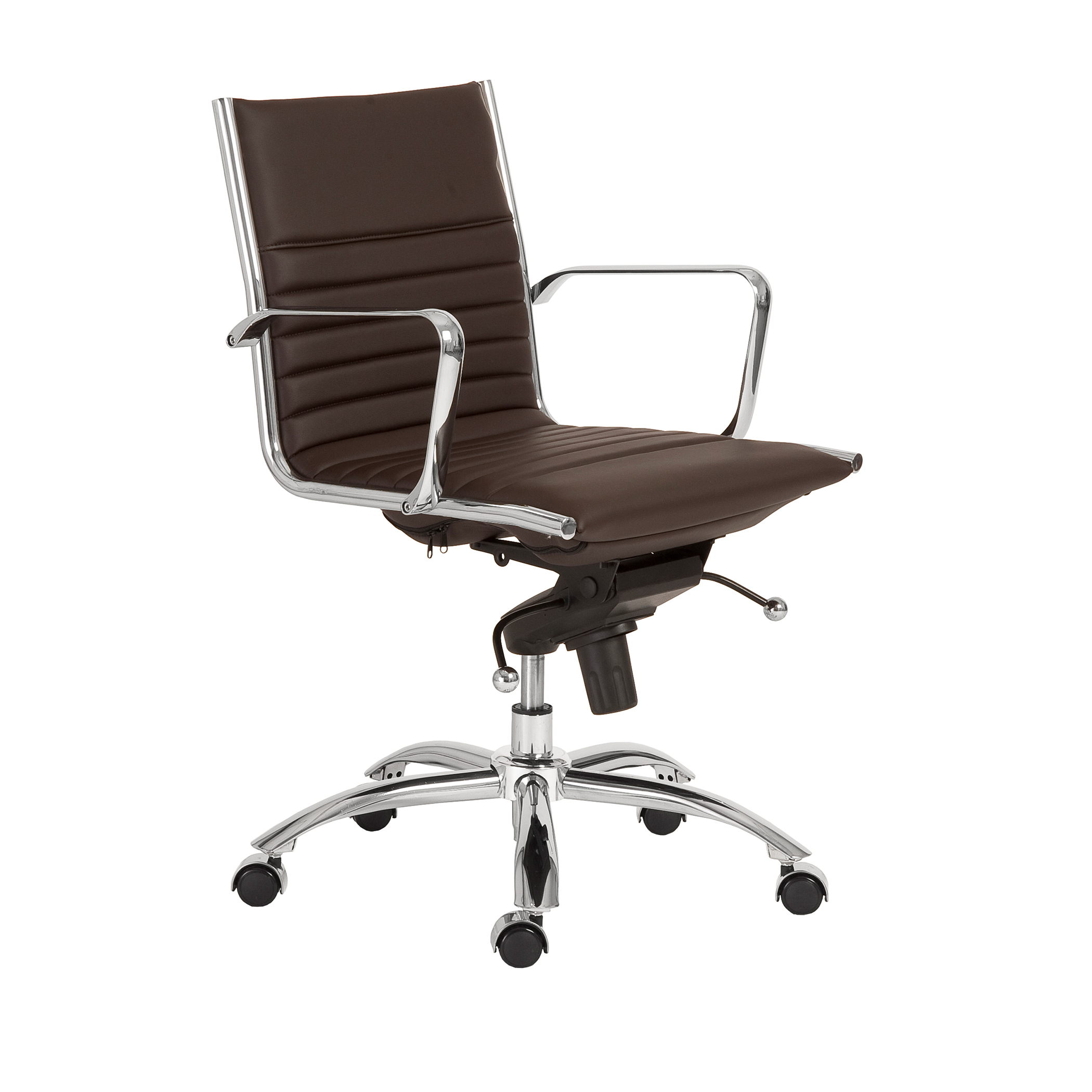 Dirk Low Back Office Chair in brown soft leatherette and chromed aluminum armrests shown here.