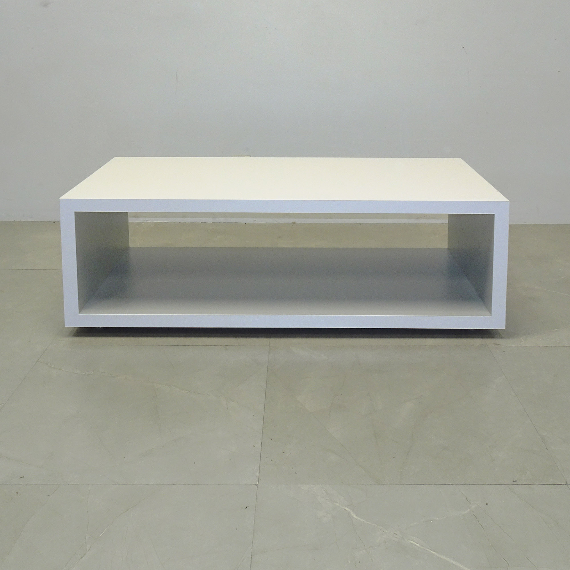Albany Rectnagular Lobby Table in white matte laminate finish shown here.