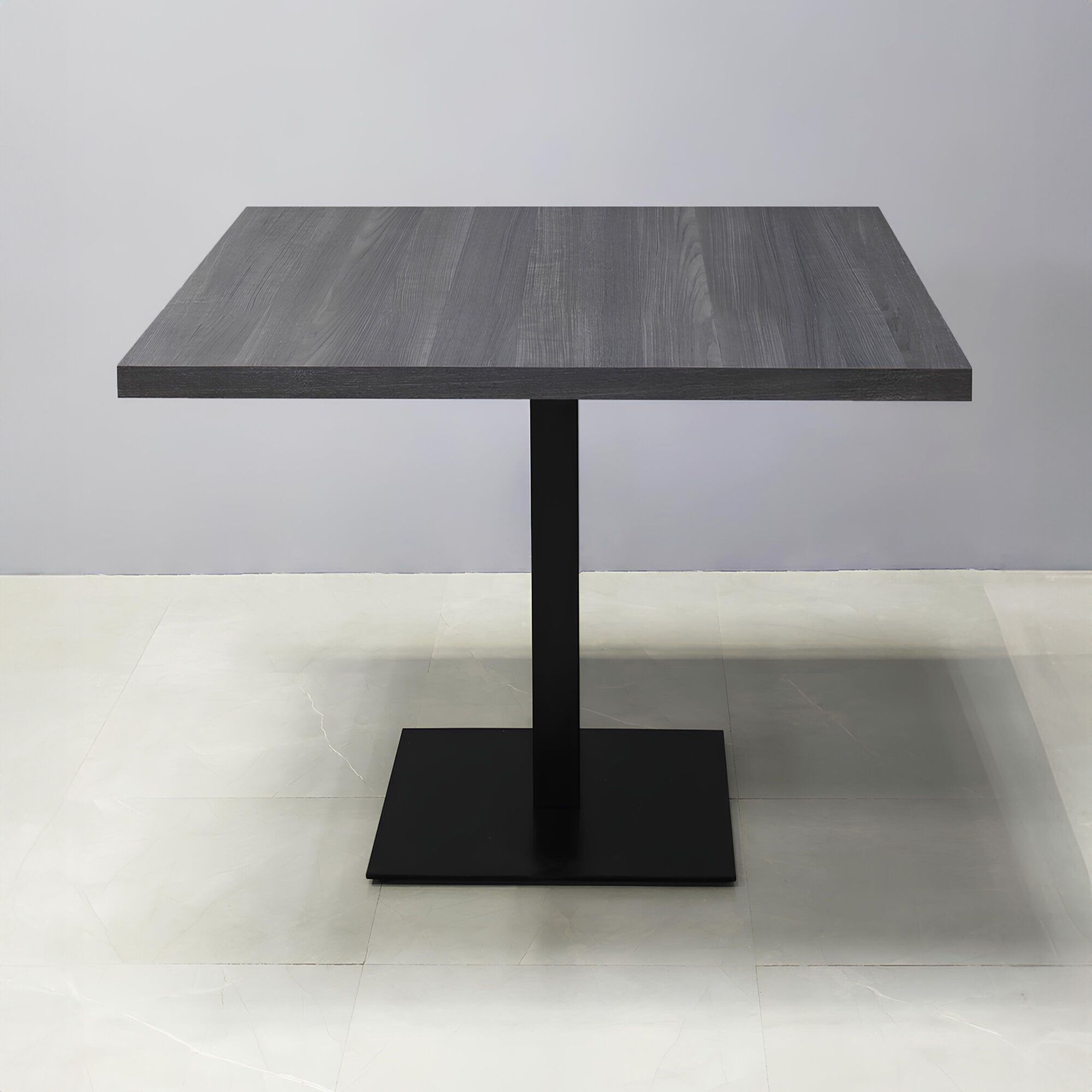 48-inch Newton Square Conference Table with X1 Base in storm teakwood matte and black metal powder-coated base.