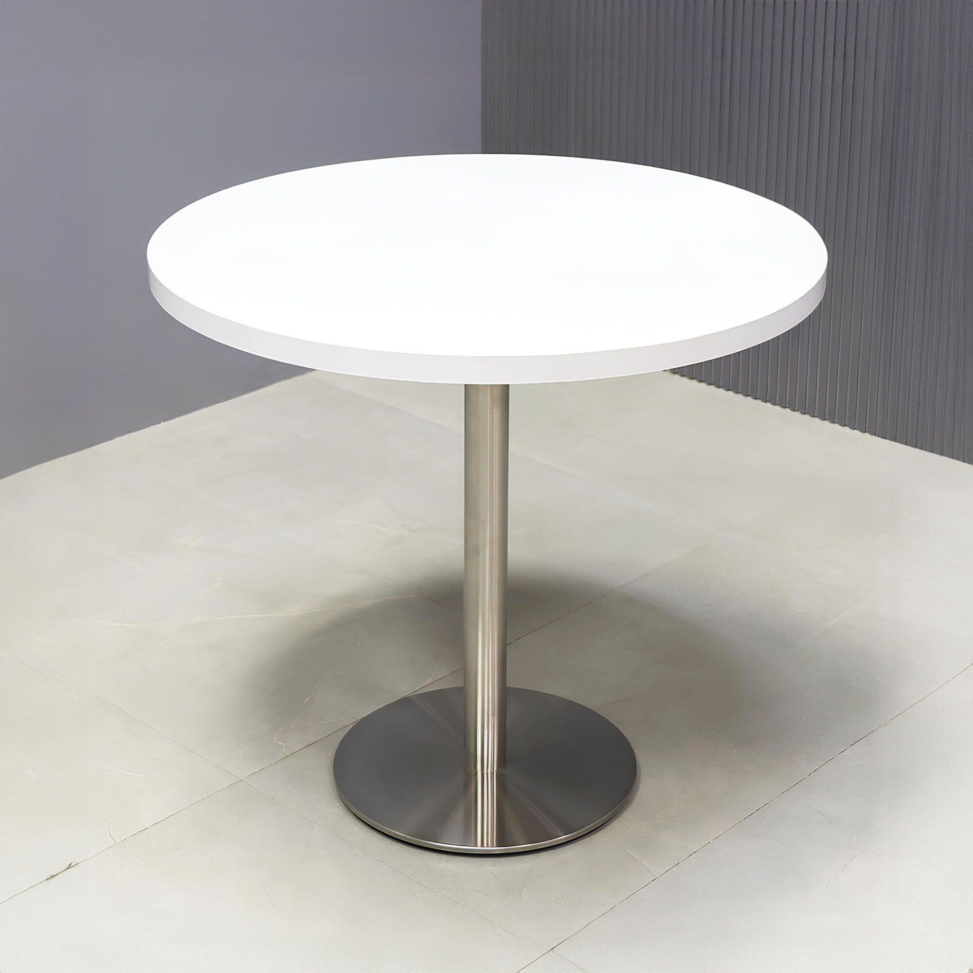48-inch California Round Conference Table with white gloss laminate top and silver metal powder-coated base.