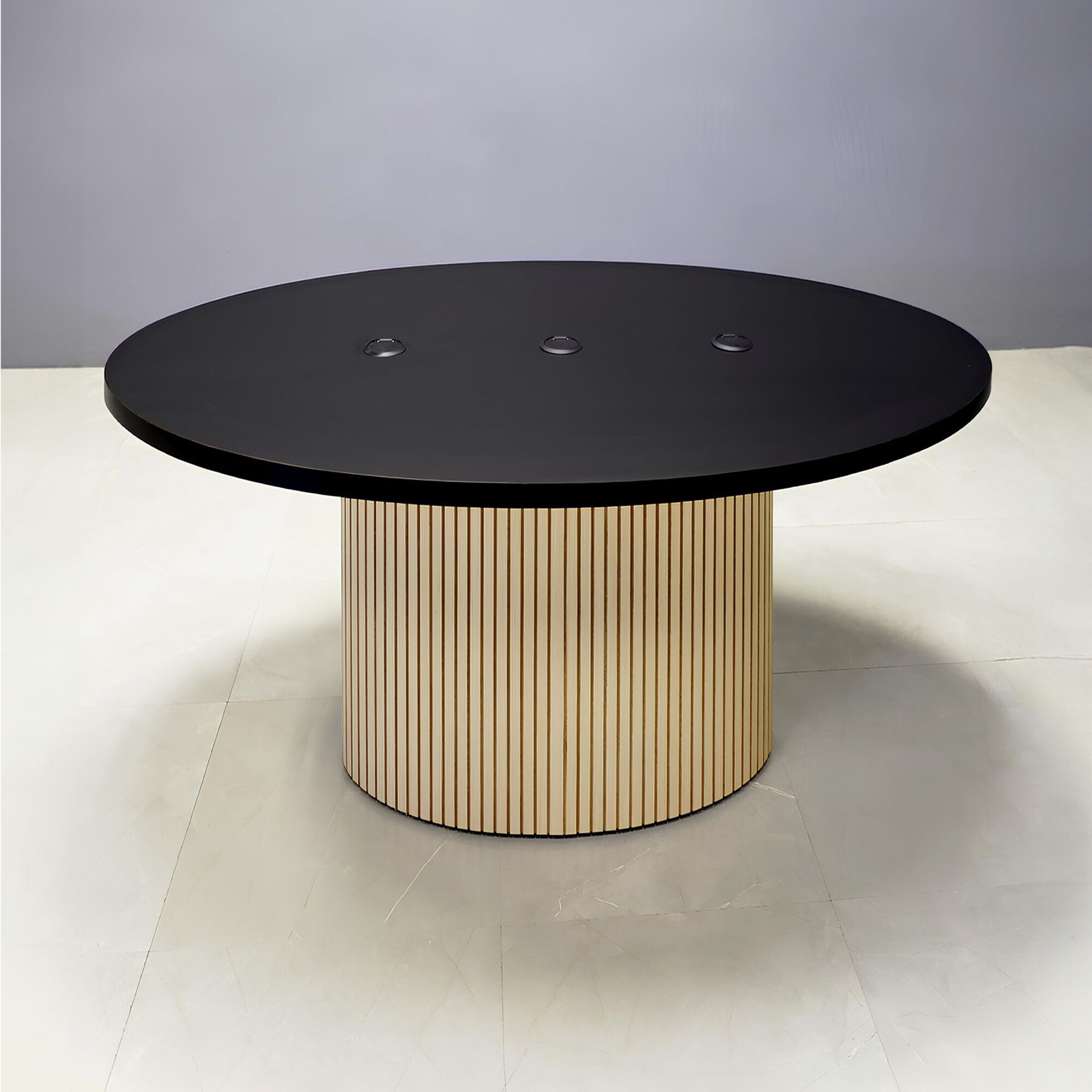 72-inch Newton Oval Conference Table with X2 base, black matte laminate top, maple tambour base, and Mx1power boxes in black.
