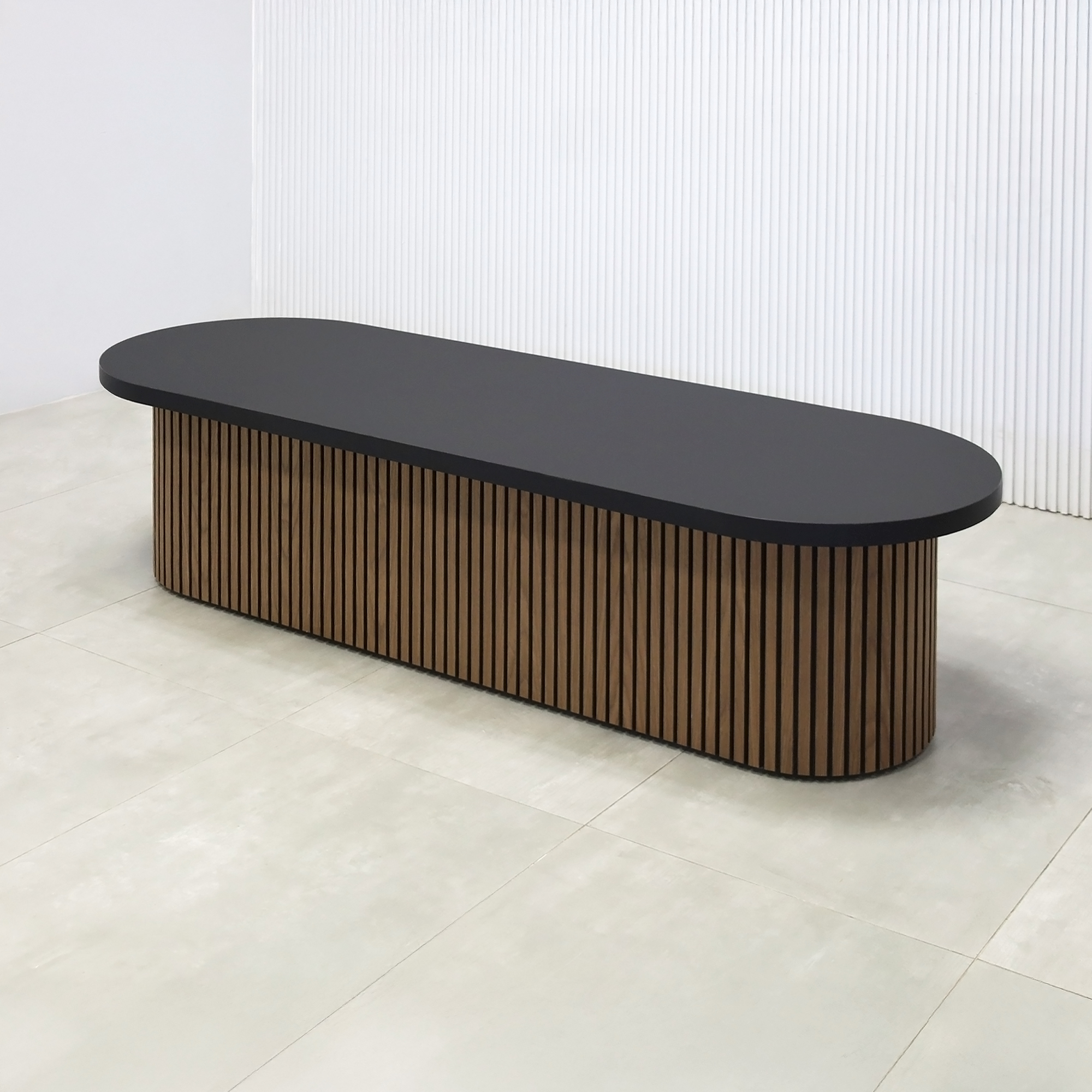 72-inch Custom Pill Bench with Black Traceless Laminate top and American Walnut & Black Background base.