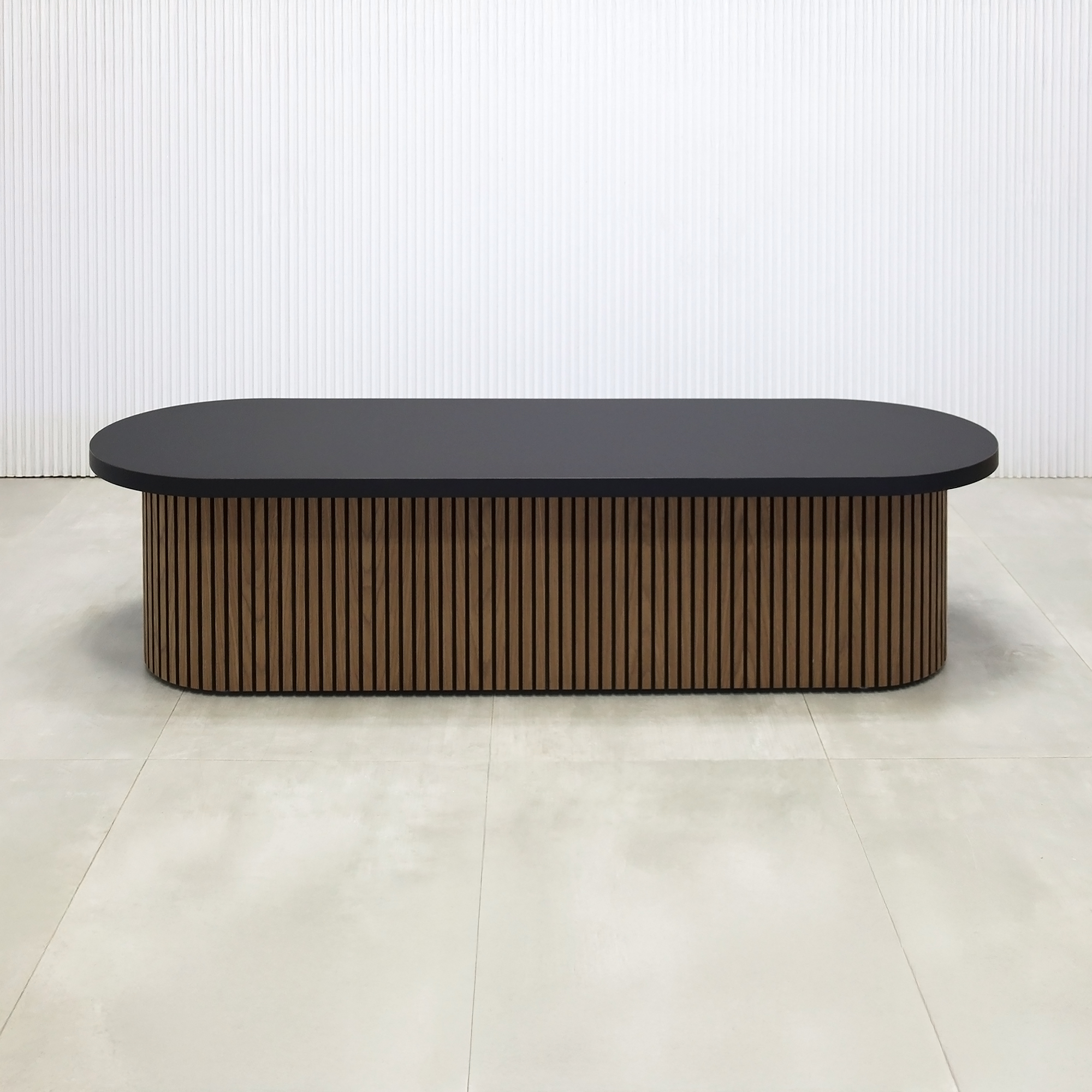 72-inch Custom Pill Bench with Black Traceless Laminate top and American Walnut & Black Background base.